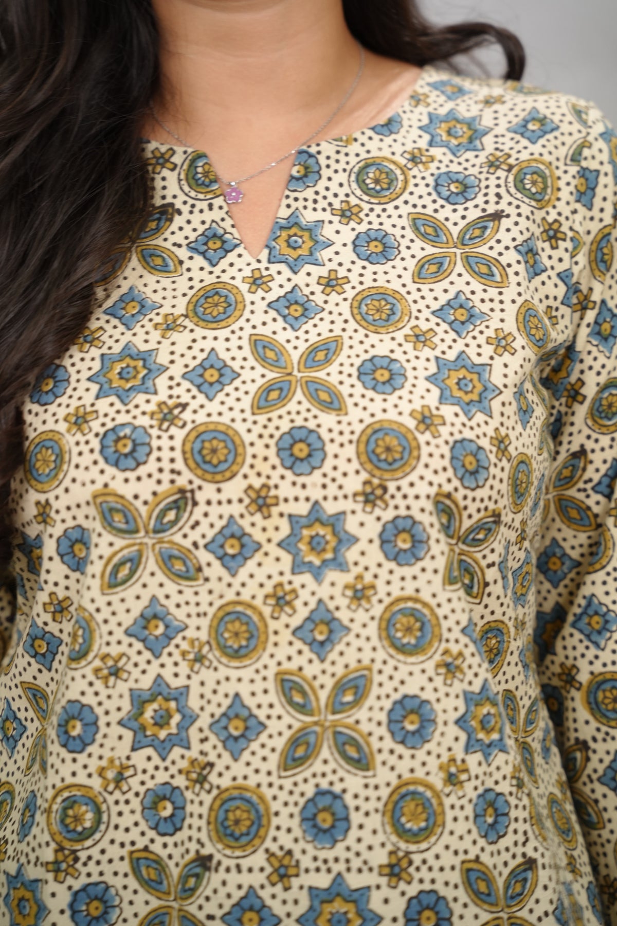Cream Ajrakh Hand Block Printed Short Top
