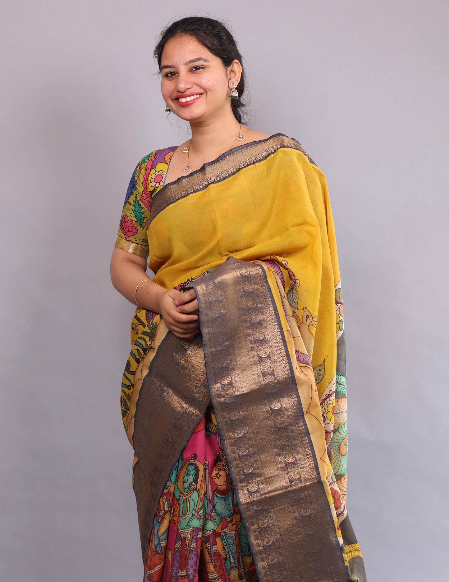 Yellow Hand Painted Pen Kalamkari Silk Saree