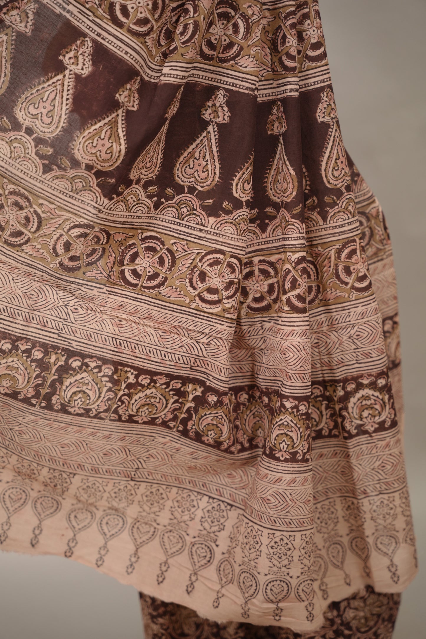 Maroon Hand Block Printed Kalamkari Cotton Saree | Looms & Tassels