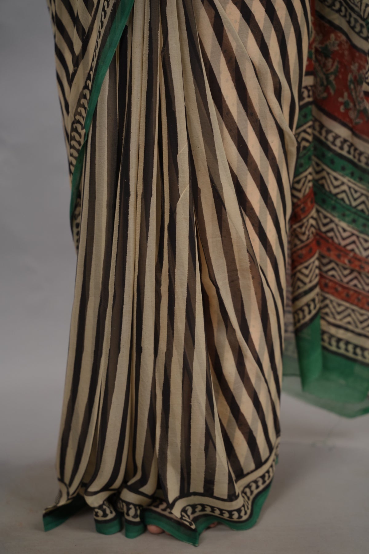 Stripes Chiffon Hand Block Printed Saree | Looms & Tassels