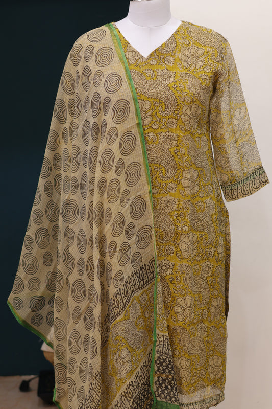 Yellow Handblock printed kota 3 piece suit (stitched)