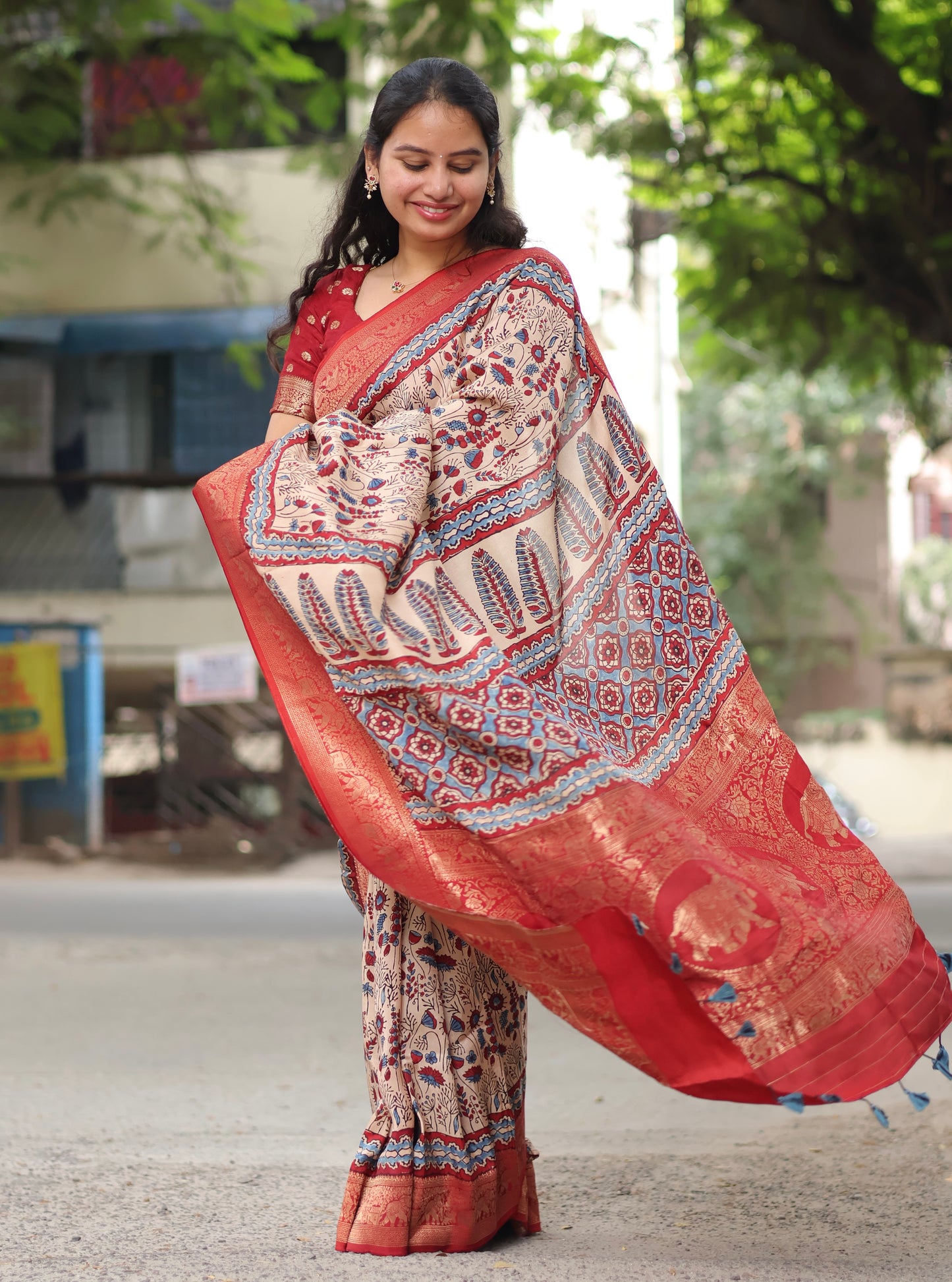 Cream Ajrakh Dola Silk Saree