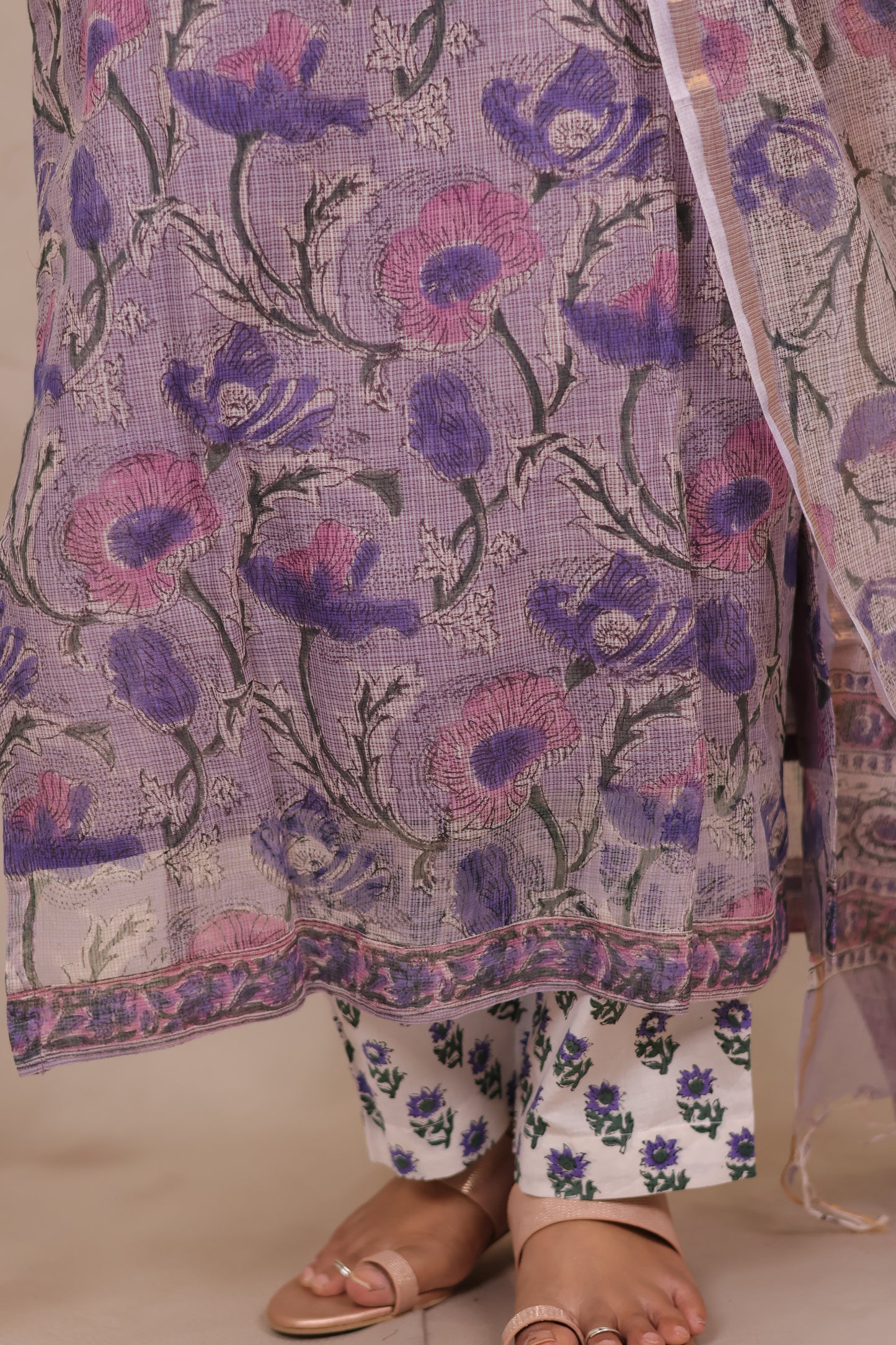 Lavender Handblock printed kota 3 piece suit (stitched)