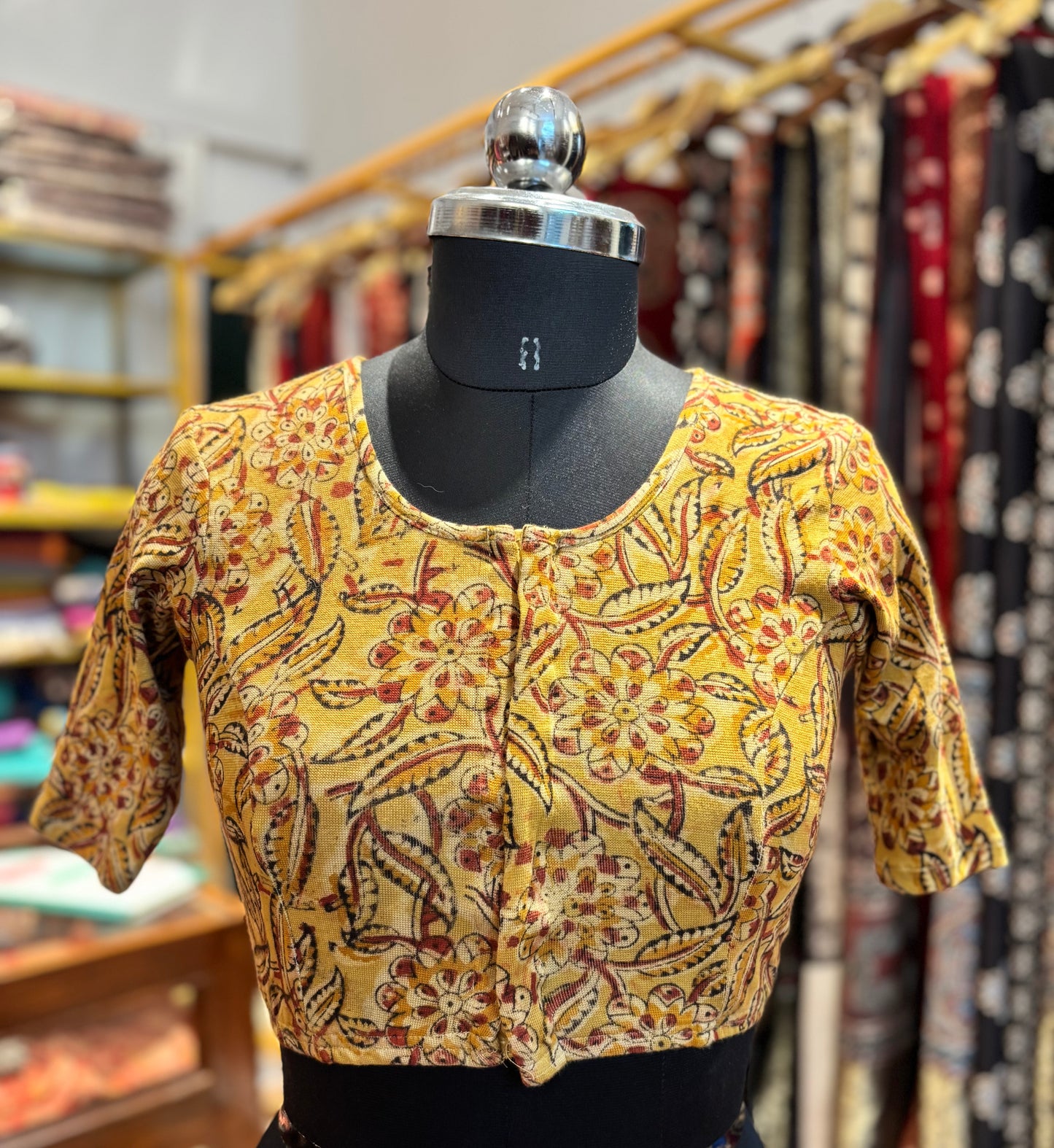 Mustard Round neck Stretchable Hand block printed kalamkari blouse with front hooks