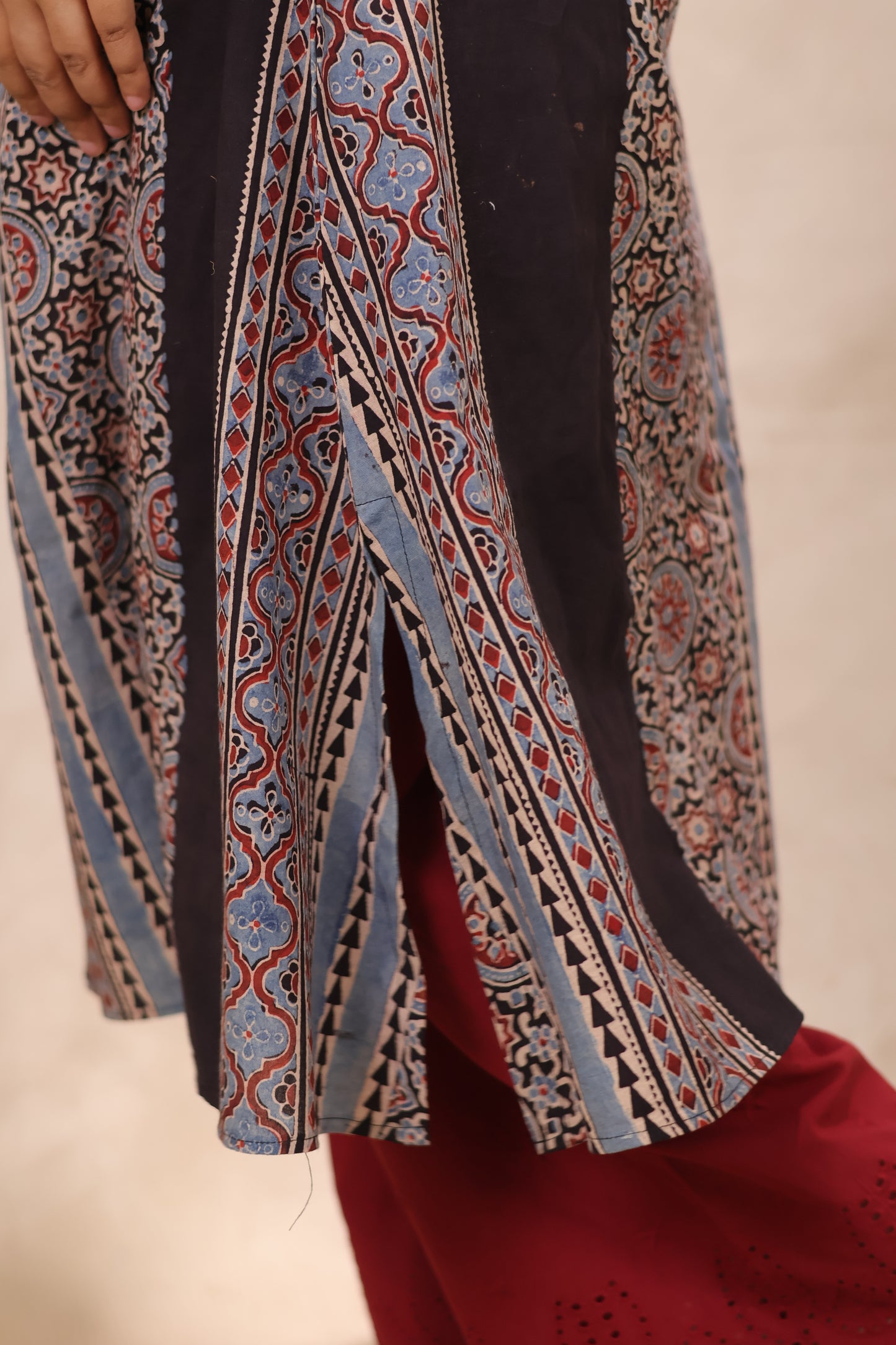 Black Ajrakh Pattern Hand Block printed Aline Kurti | Looms & Tassels
