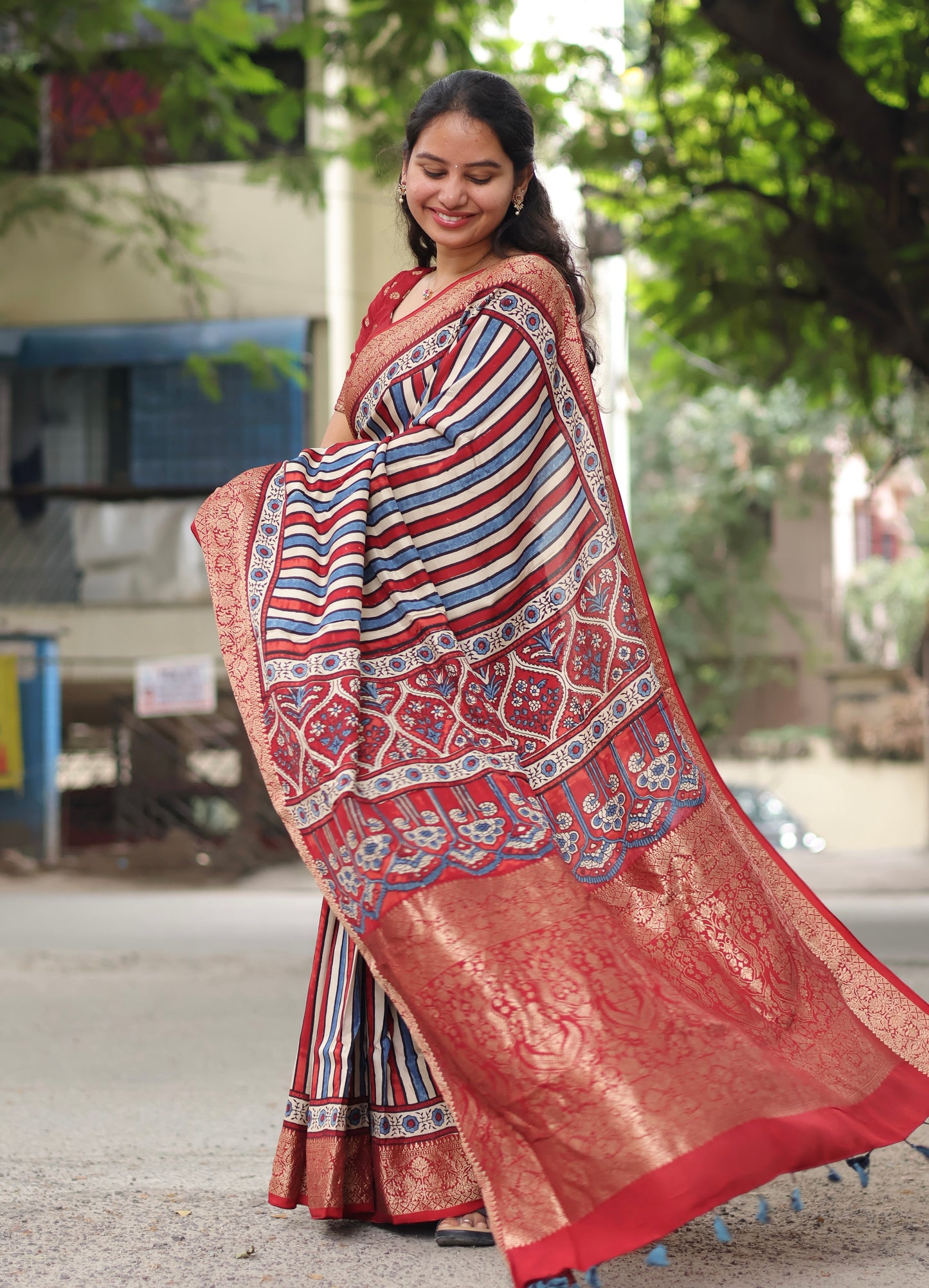 Stripes Ajrakh Dola Silk Saree