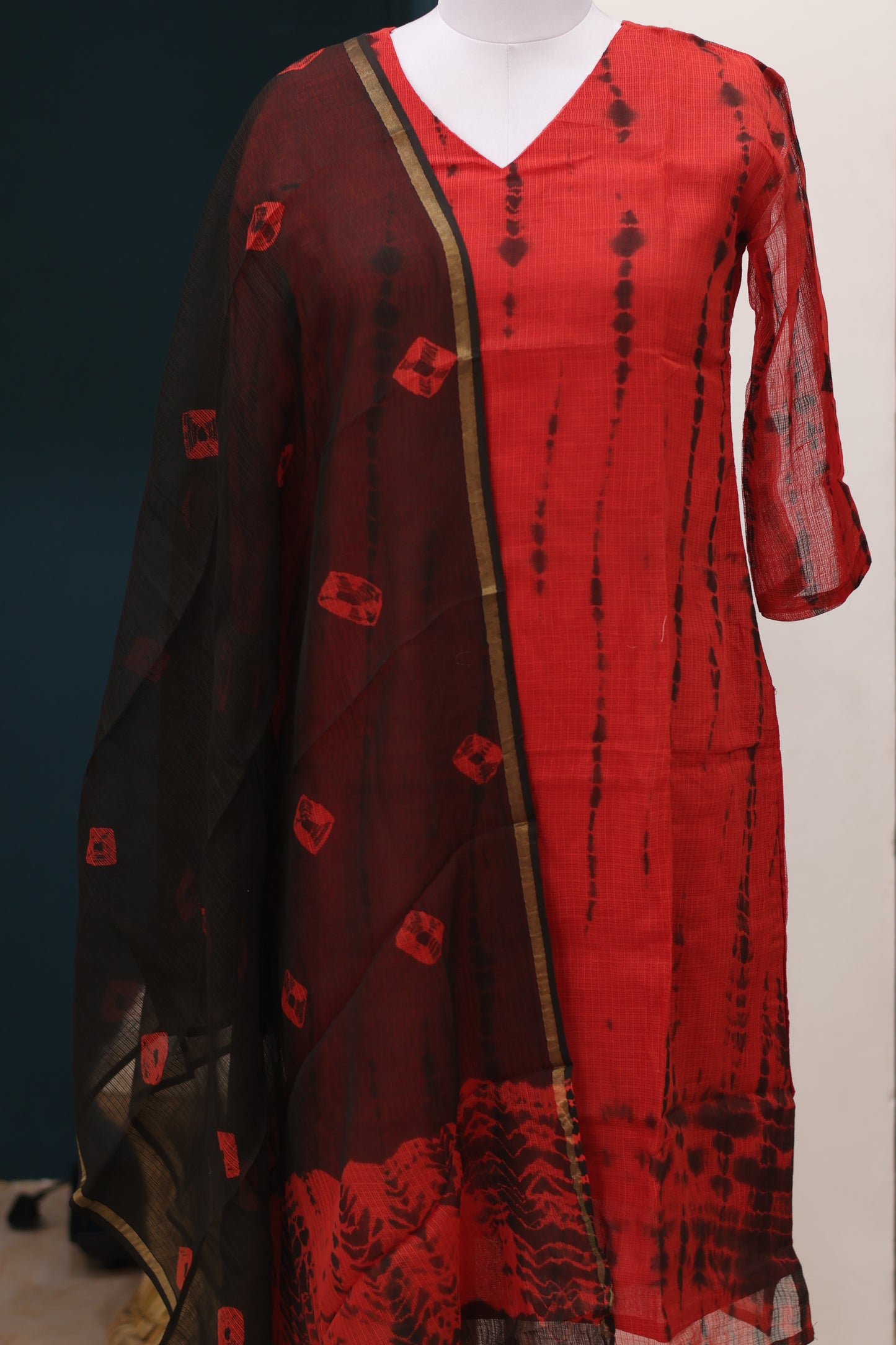 Red & Black Handblock printed kota 3 piece suit (stitched)