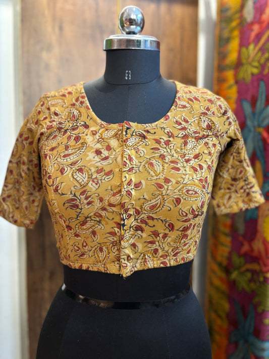 Round neck Stretchable Hand block printed kalamkari blouse with front hooks