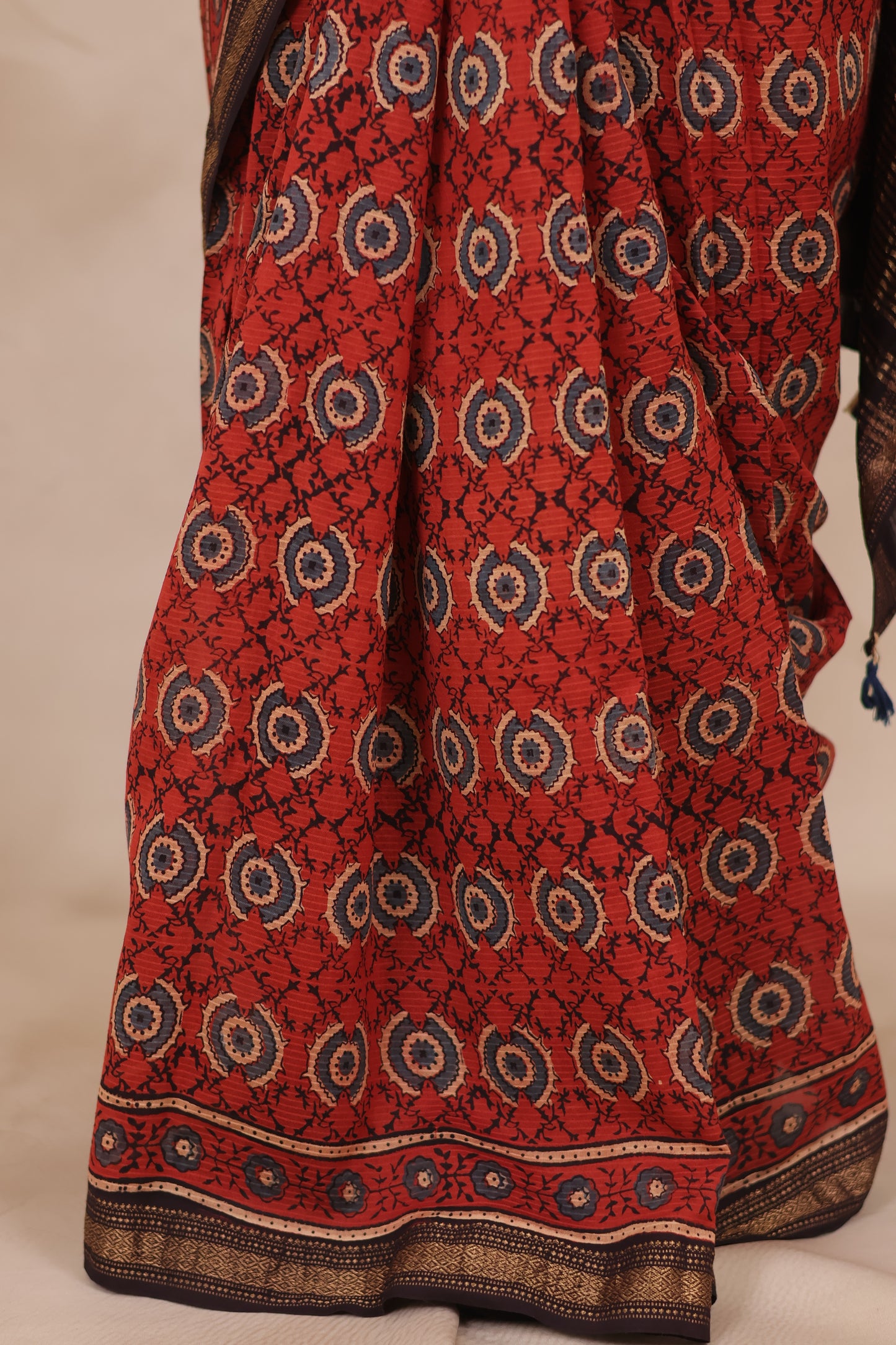 Maheswari Silk Cotton Ajrakh Handblock Printed Saree | Looms & Tassels
