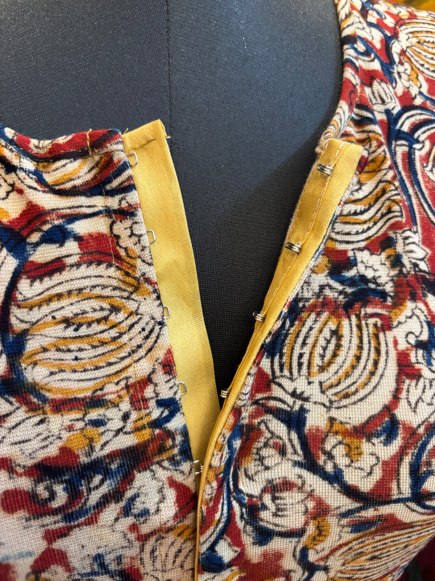 Round neck Stretchable Hand block printed kalamkari blouse with front hooks