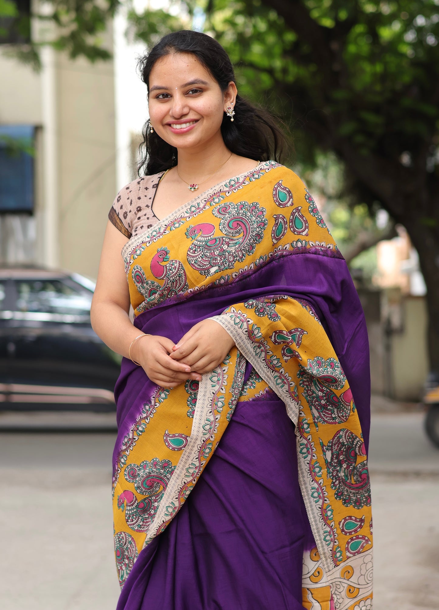 Violet & Yellow Kalamkari dyeing premium chennur silk saree