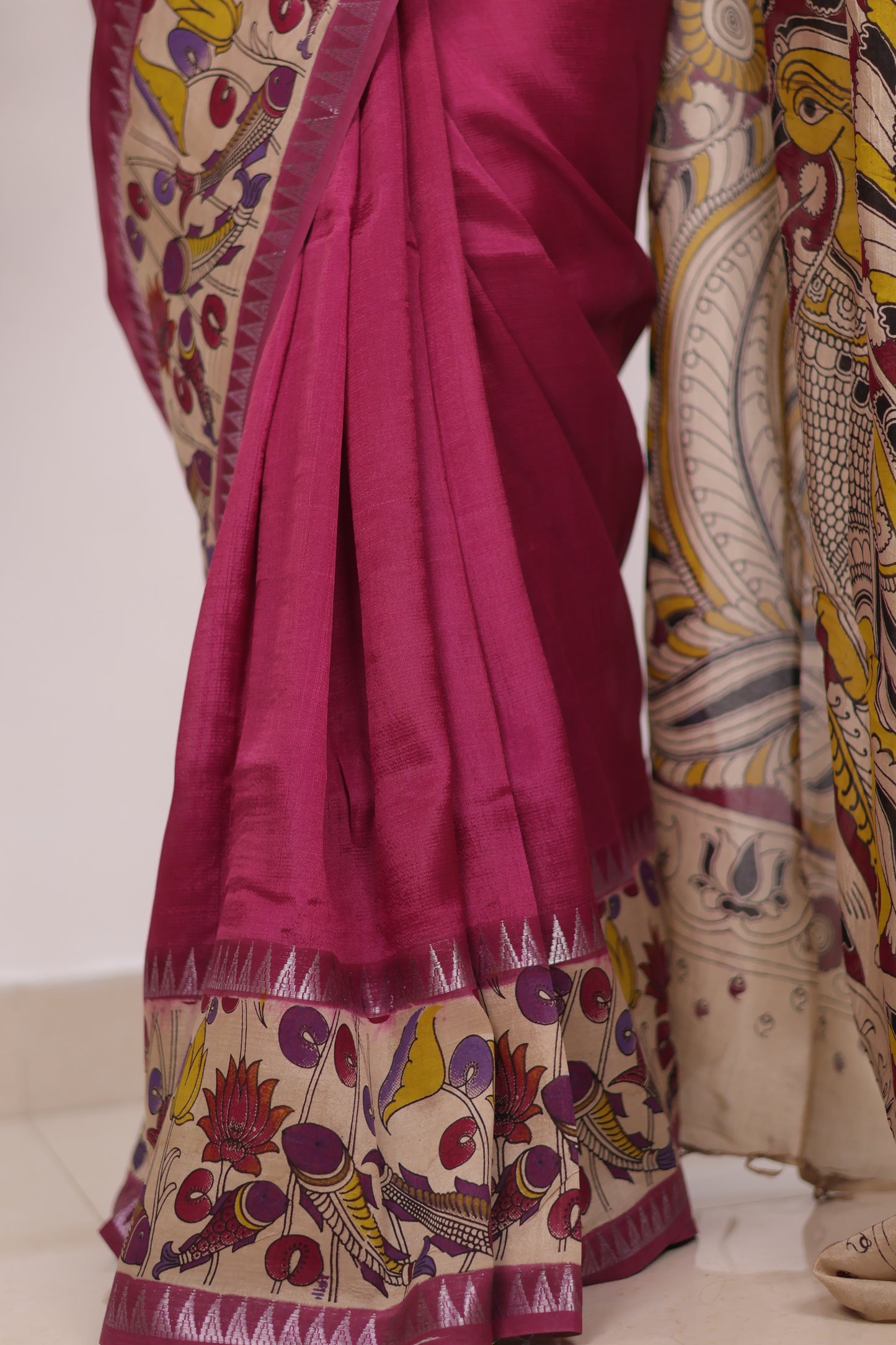 Magenta Plain Gap Border Kalamkari Premium Chennur Silk Handcrafted Saree