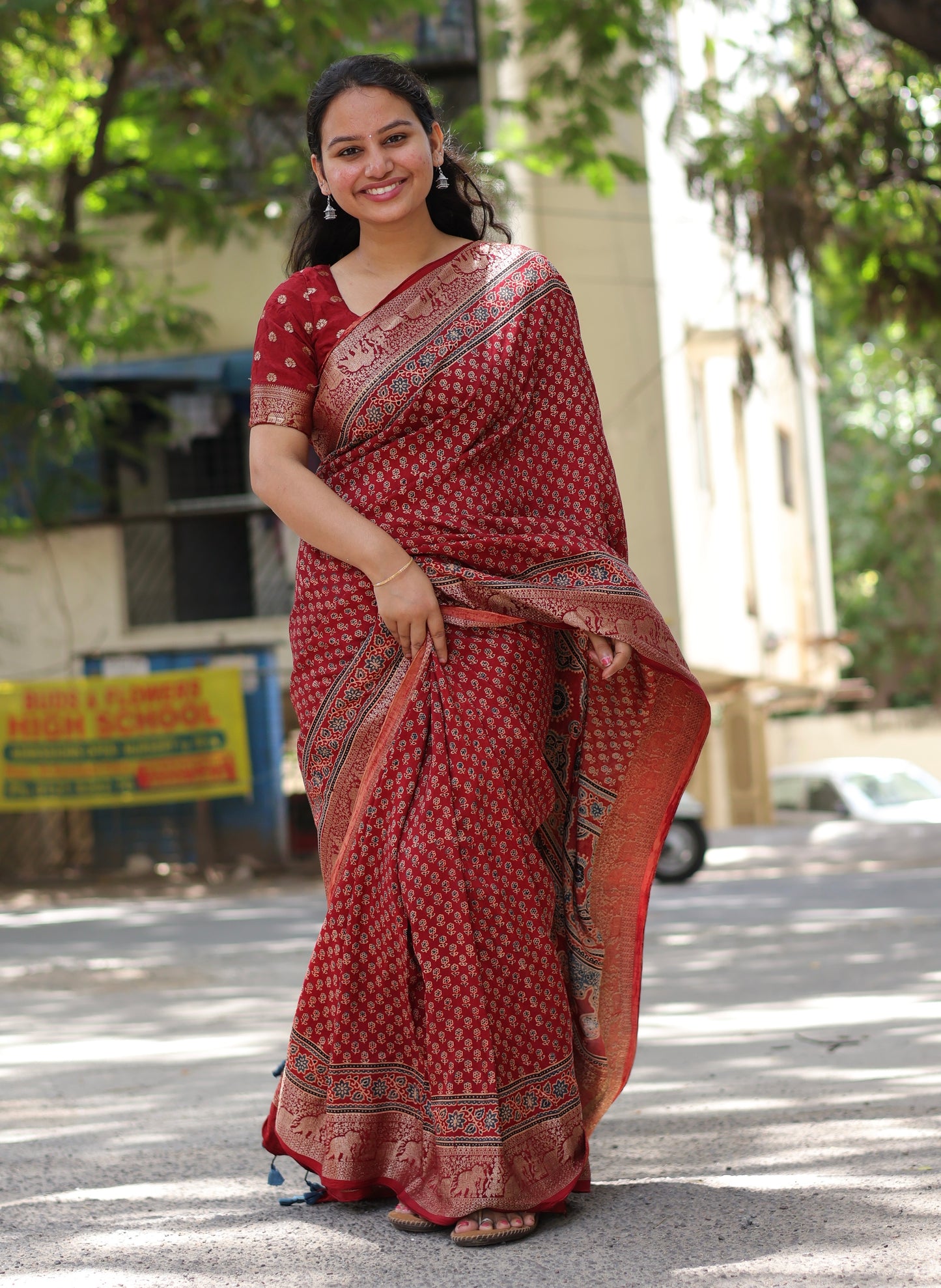 Flower Butta Ajrakh Dola Silk Saree