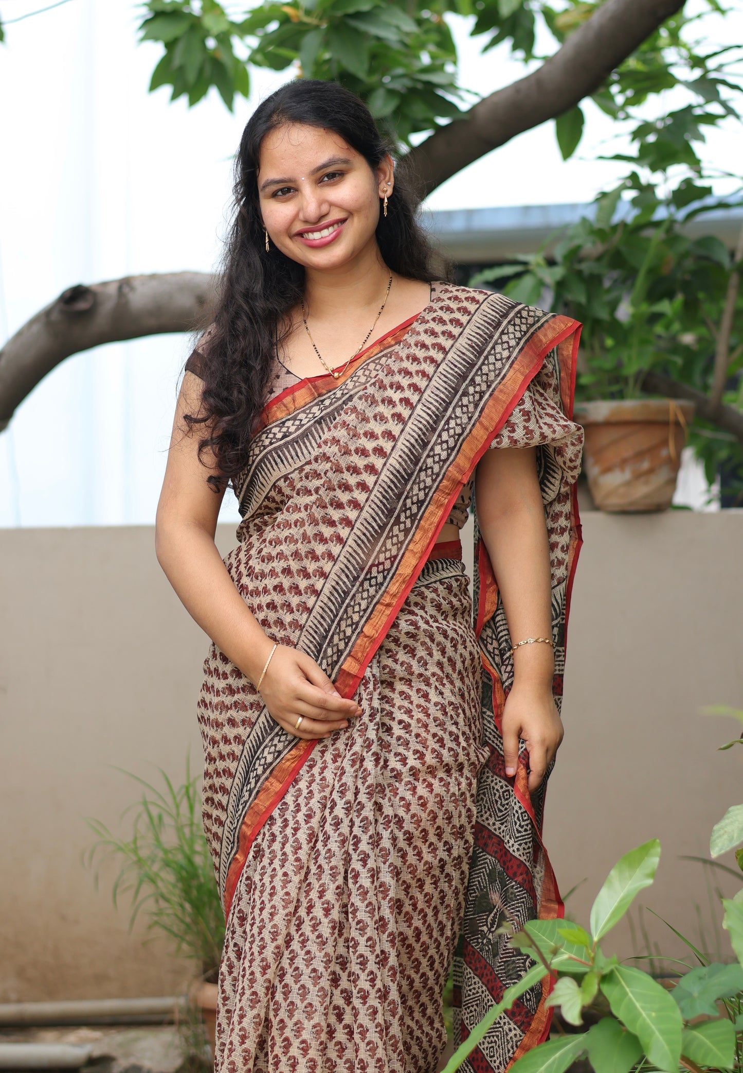 Cream Bagru Hand block printed Kota Doriya Saree