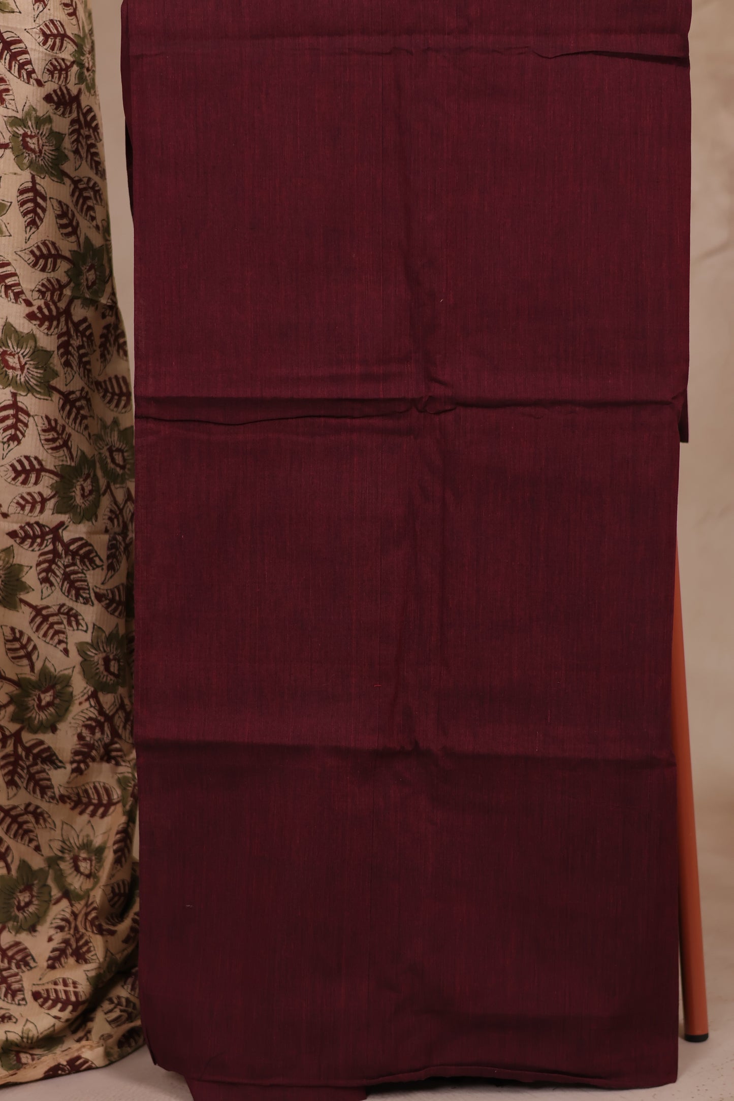 White And Maroon Hand Block Printed Kalamkari Unstitched 3pc Suit Set
