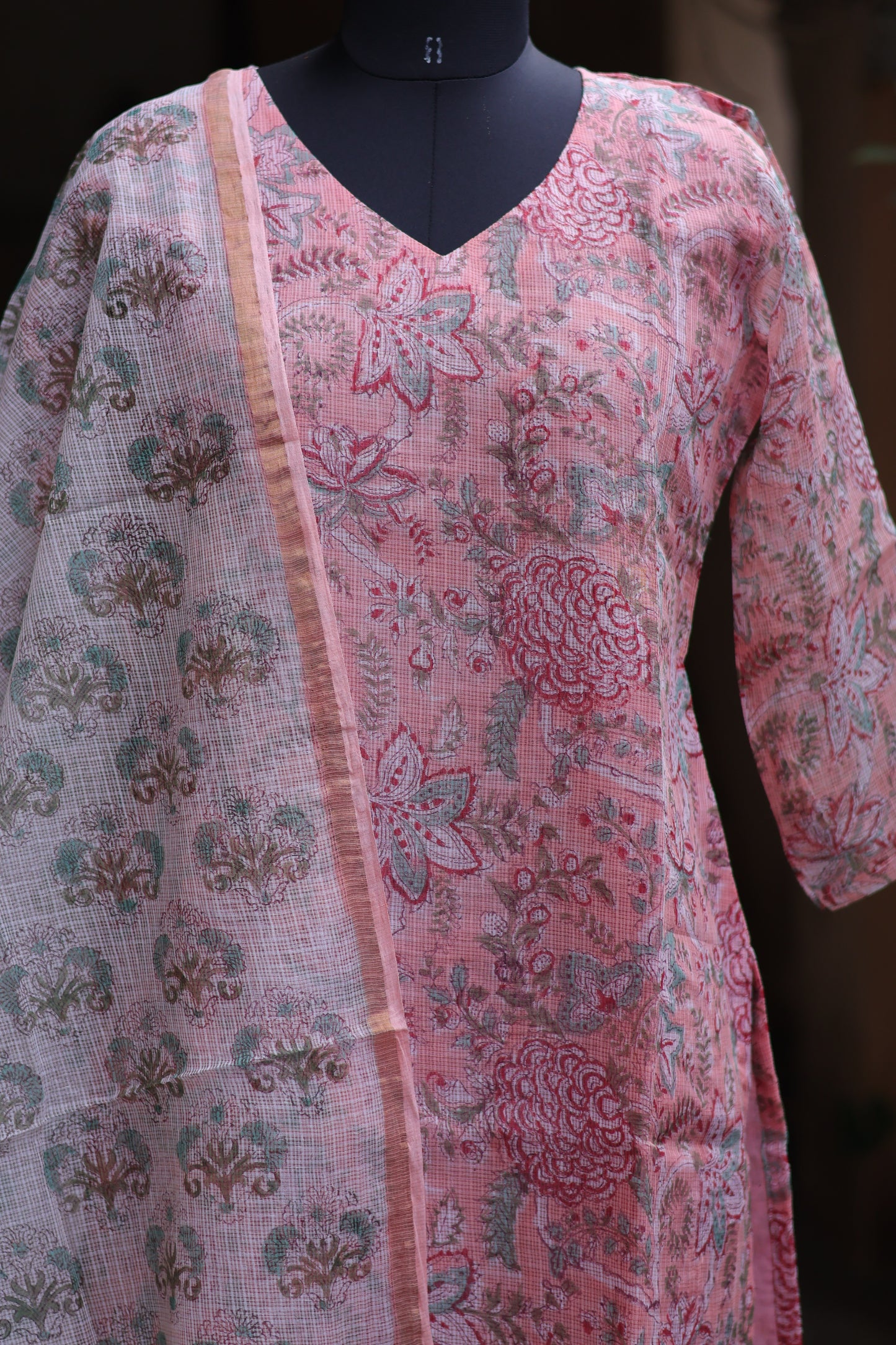 Peach Handblock printed kota 3 piece suit (stitched)