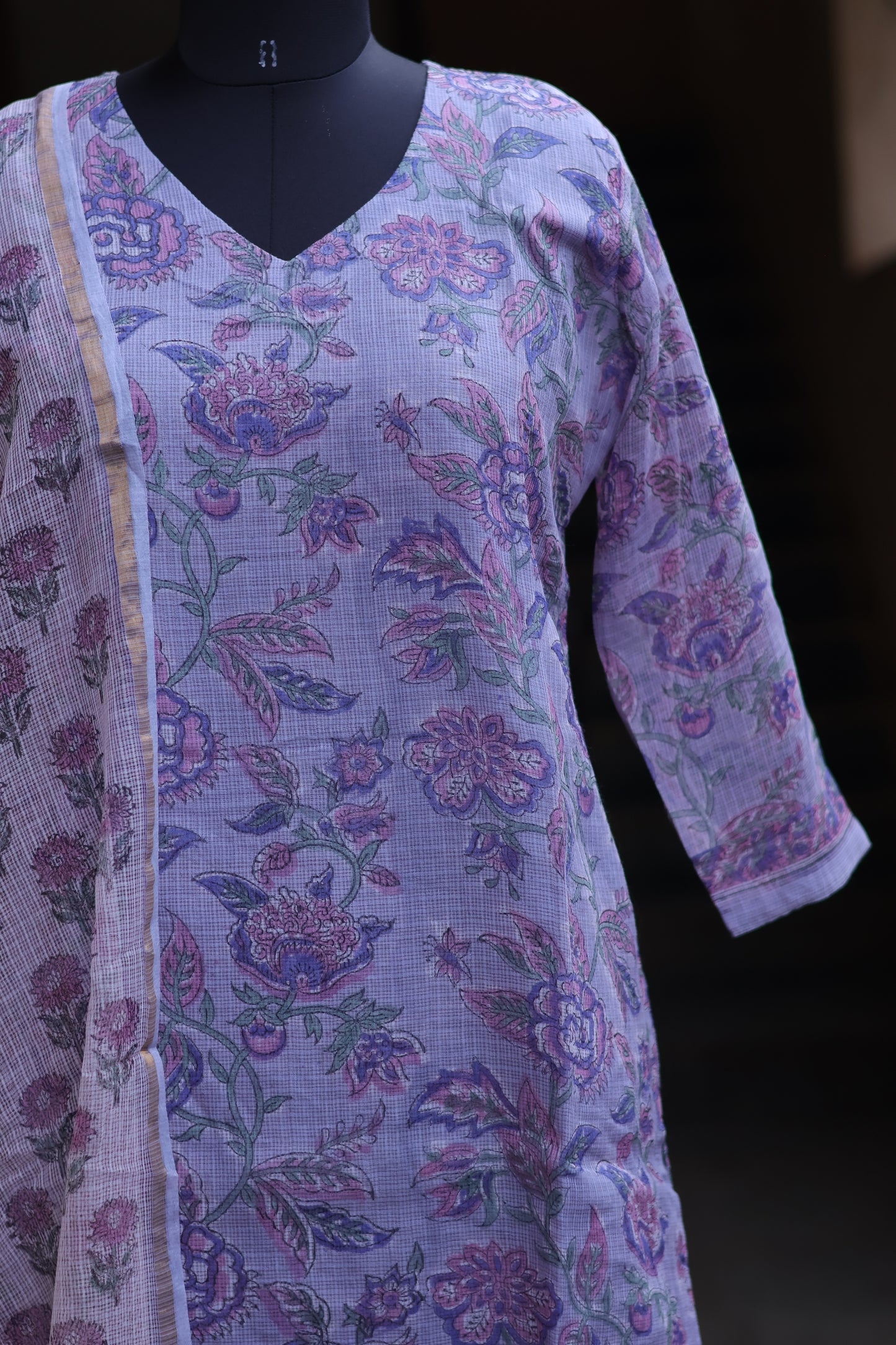 Pastel Lavender Handblock printed kota 3 piece suit (stitched)