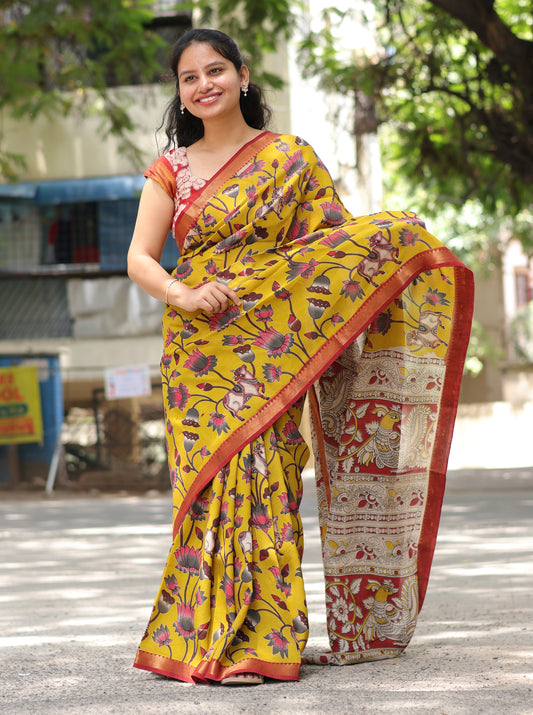 Yellow Nizam Border Kalamkari Silk Sare