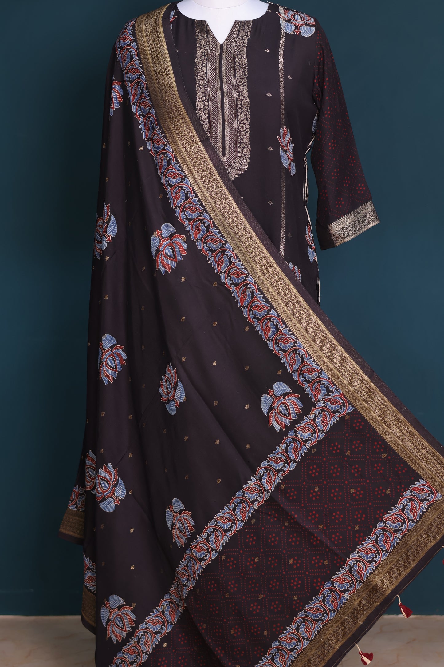 Black Handblock printed Ajrakh dola silk 2 piece suit (stitch