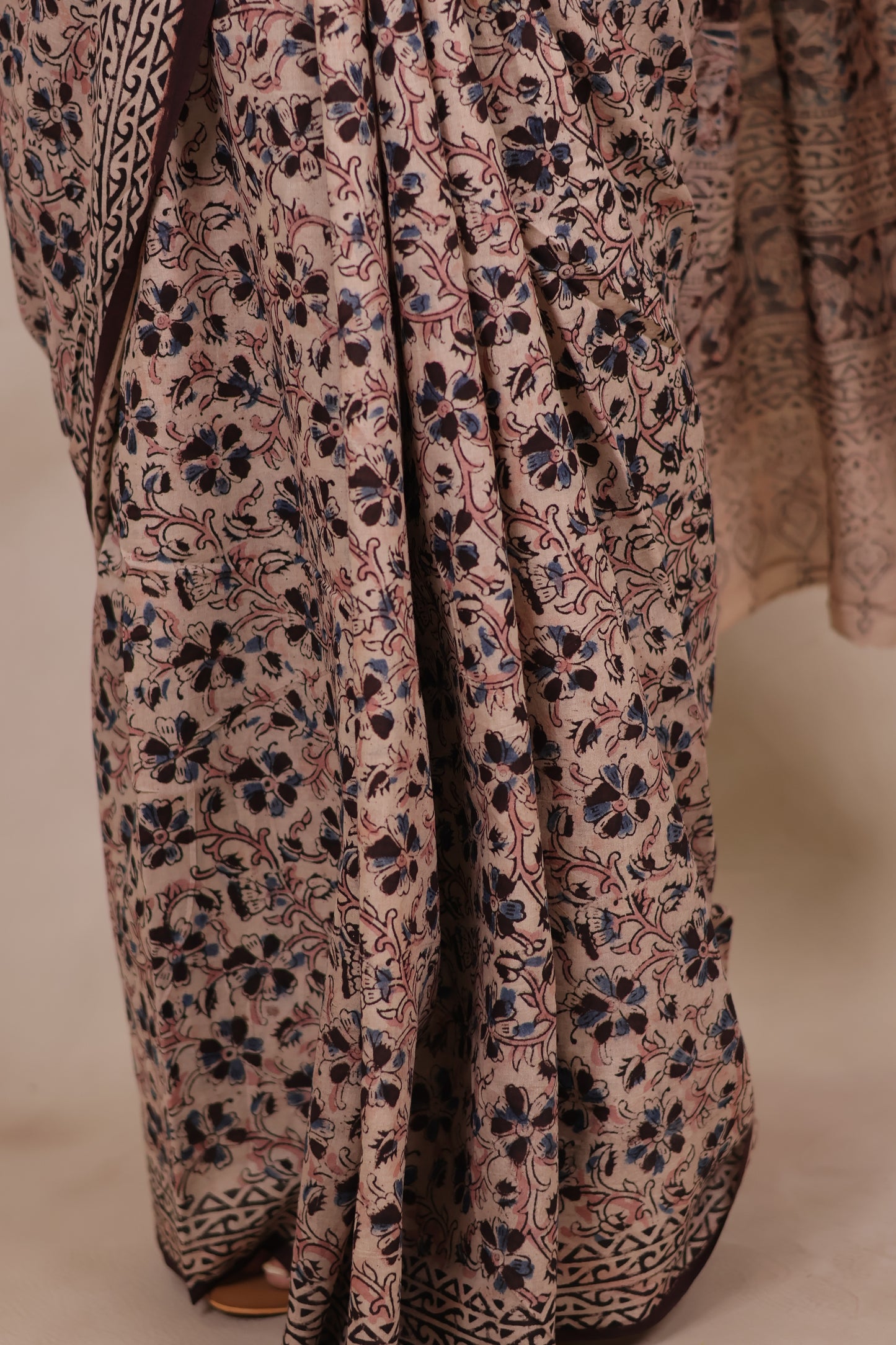 Cream Hand Block Printed Kalamkari Cotton Saree | Looms & Tassels