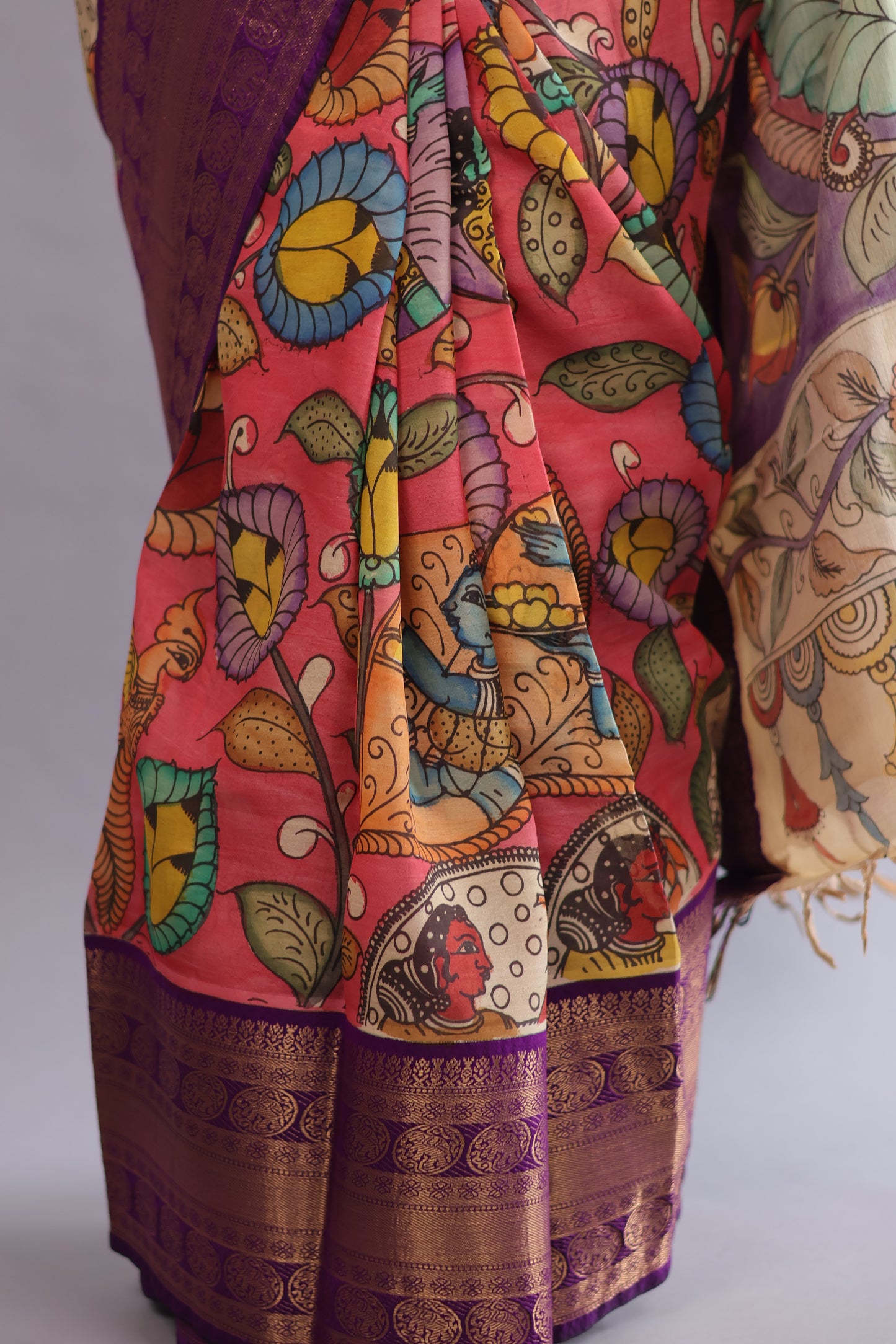 Pink Hand Painted Pen Kalamkari Silk Saree