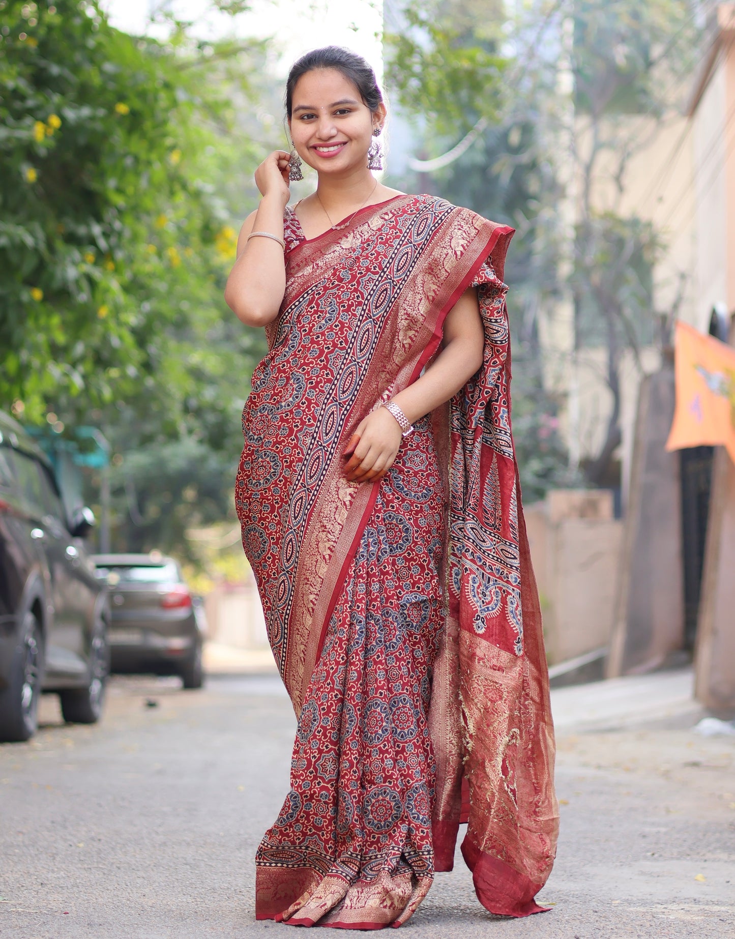Ajrakh Dola Silk Saree