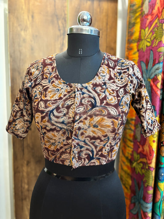 Round neck Stretchable Hand block printed kalamkari blouse with front hooks