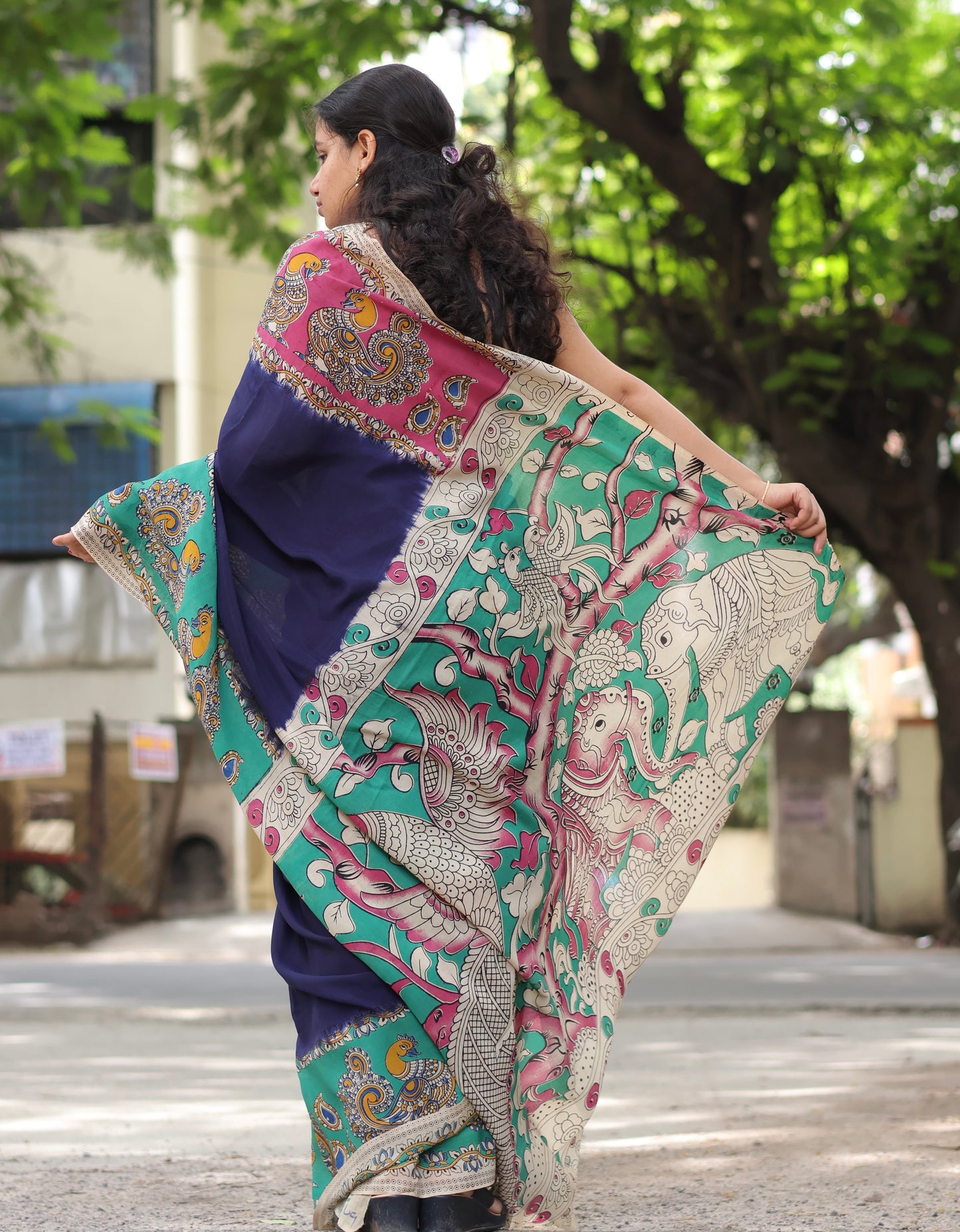 Blue Dual Color Border Kalamkari dyeing premium chennur silk saree