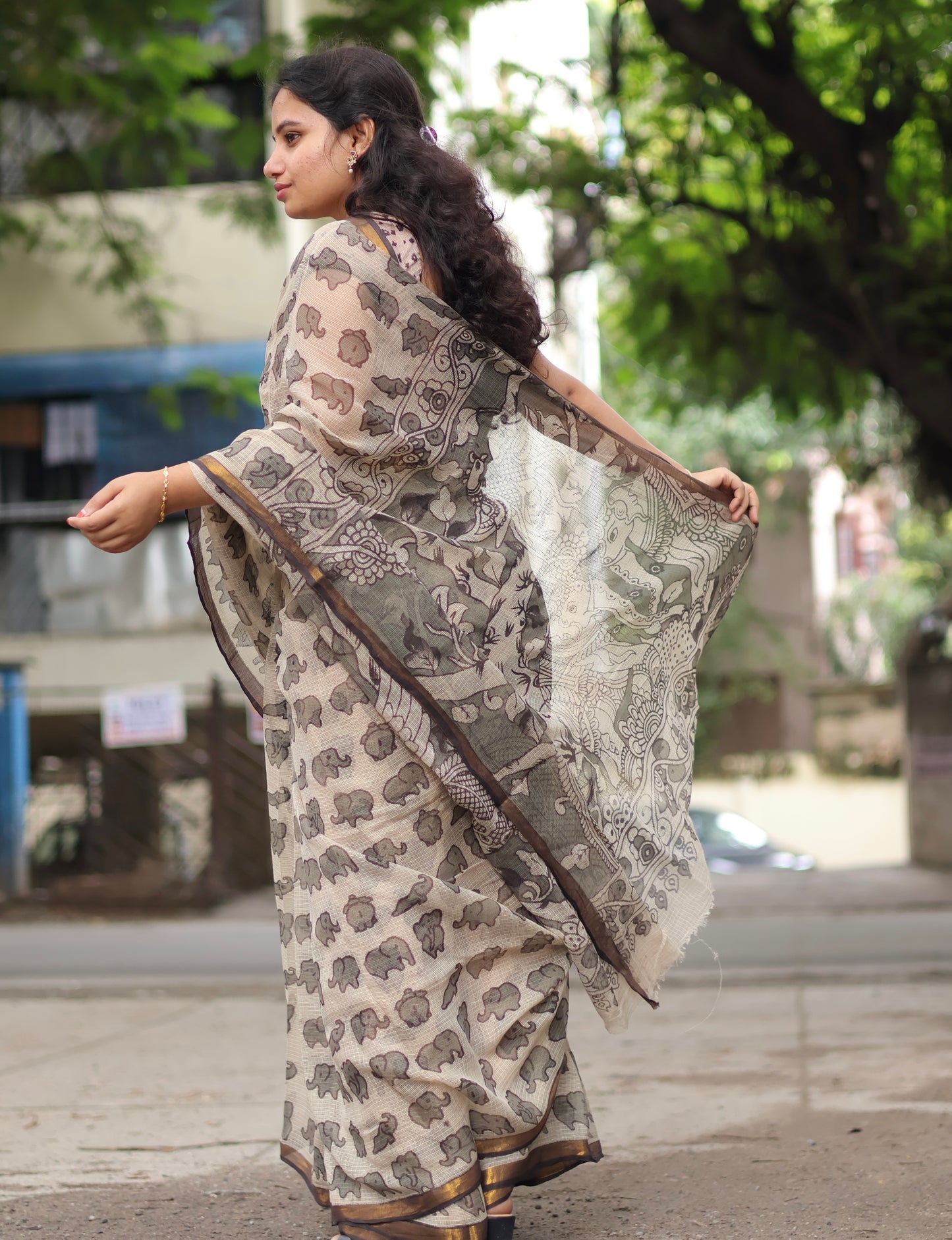 Grey Kalamkari printed Kota Doriya Saree