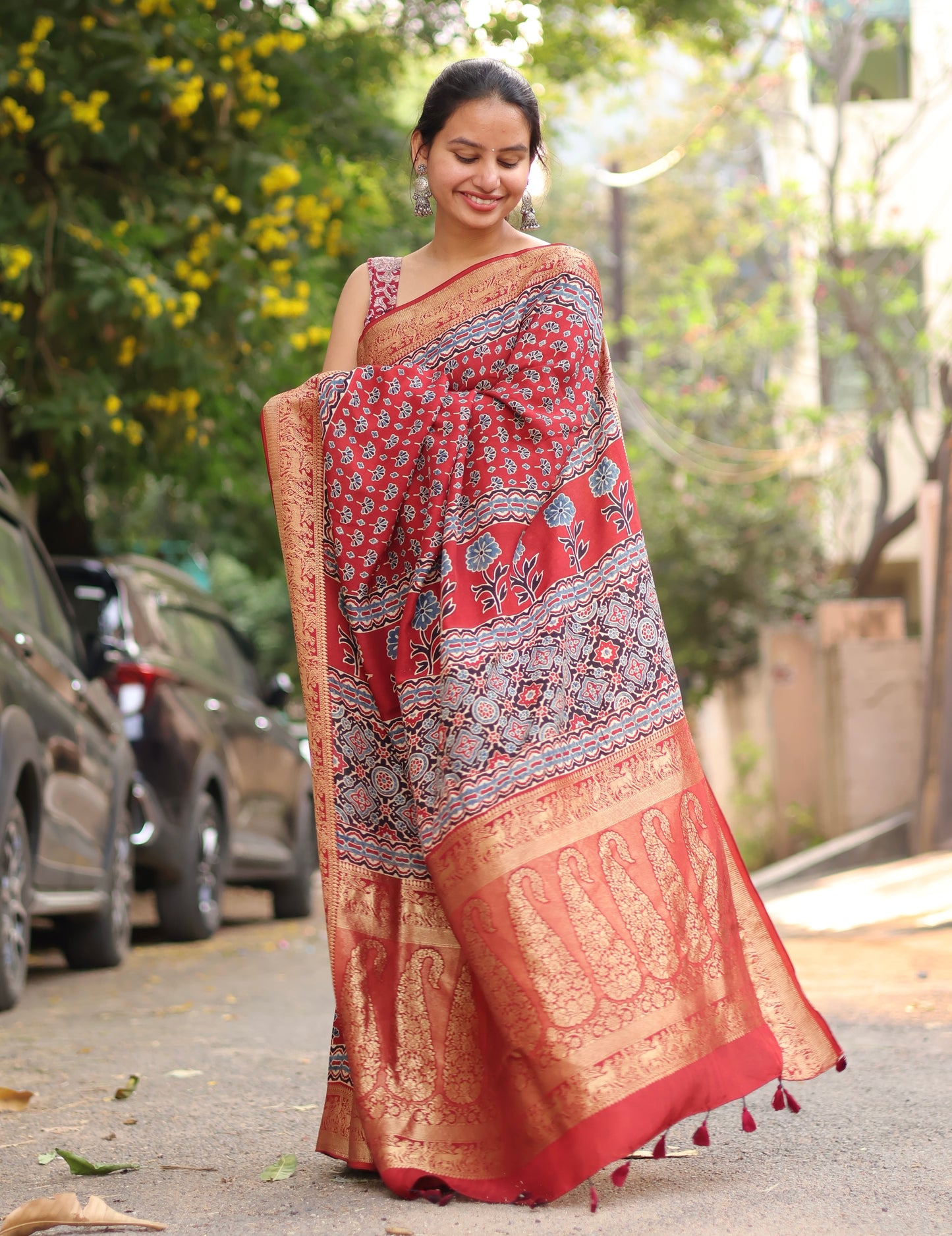 Red Ajrakh Dola Silk Saree