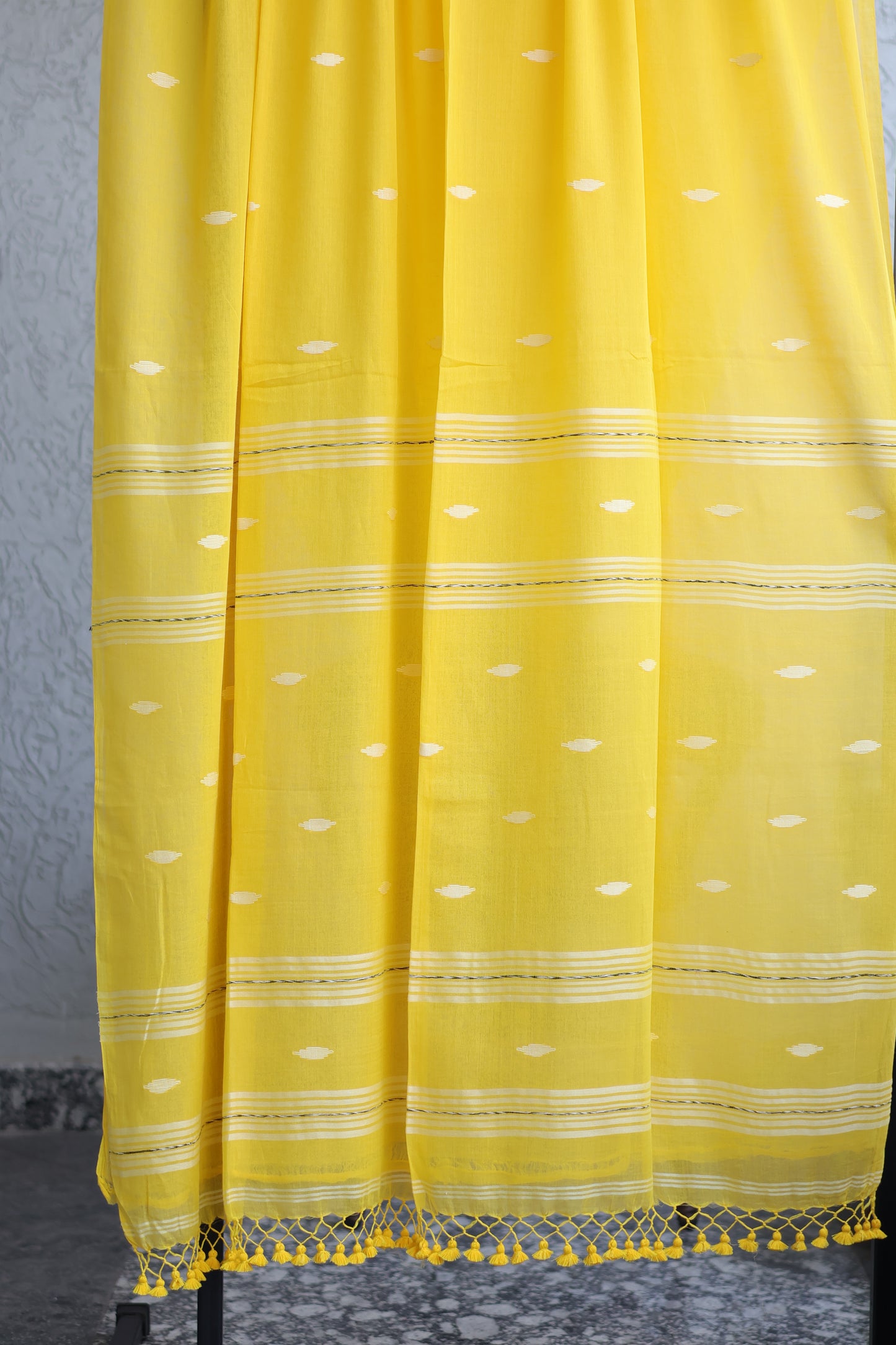 Yellow Pure Handwoven Malai Cotton Saree with Butta Weaving