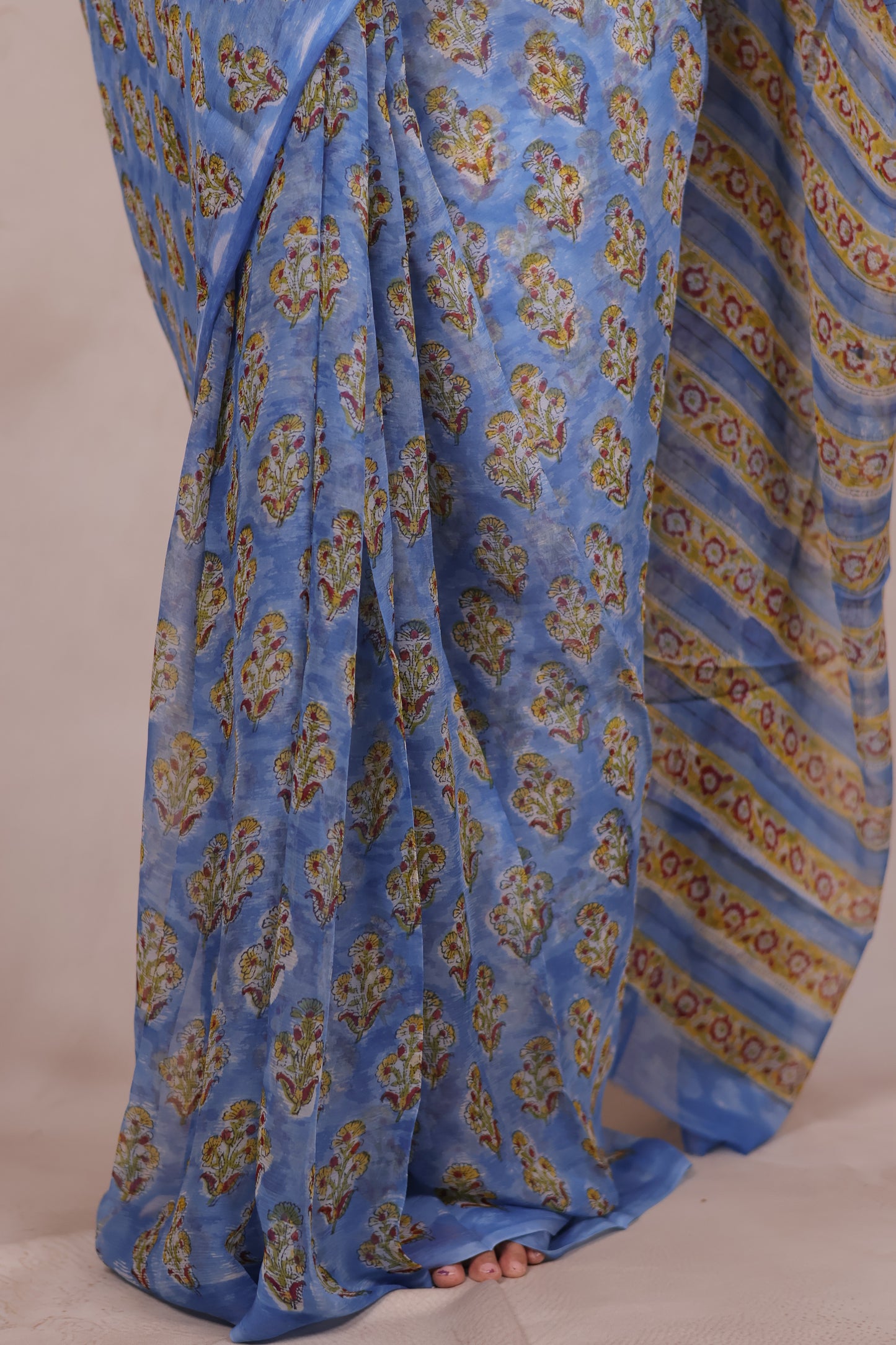 Blue Chiffon Hand Block Printed Saree | Looms & Tassels