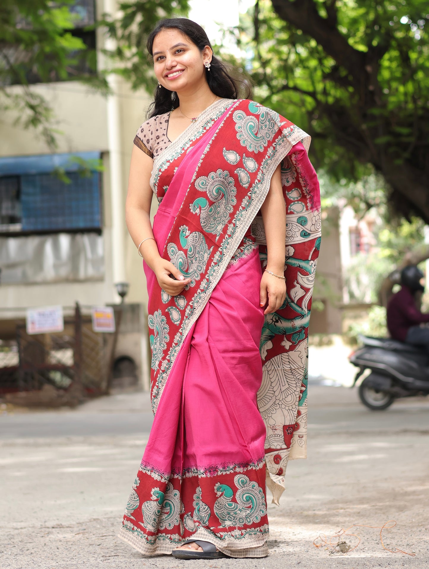 Pink & Red Kalamkari dyeing premium chennur silk saree