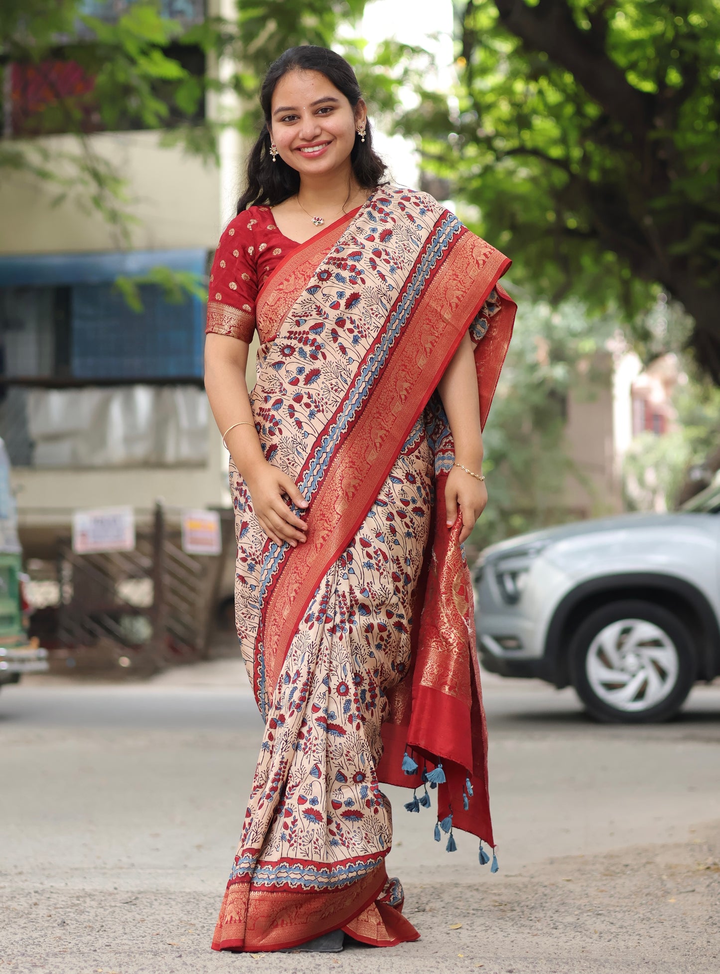 Cream Ajrakh Dola Silk Saree