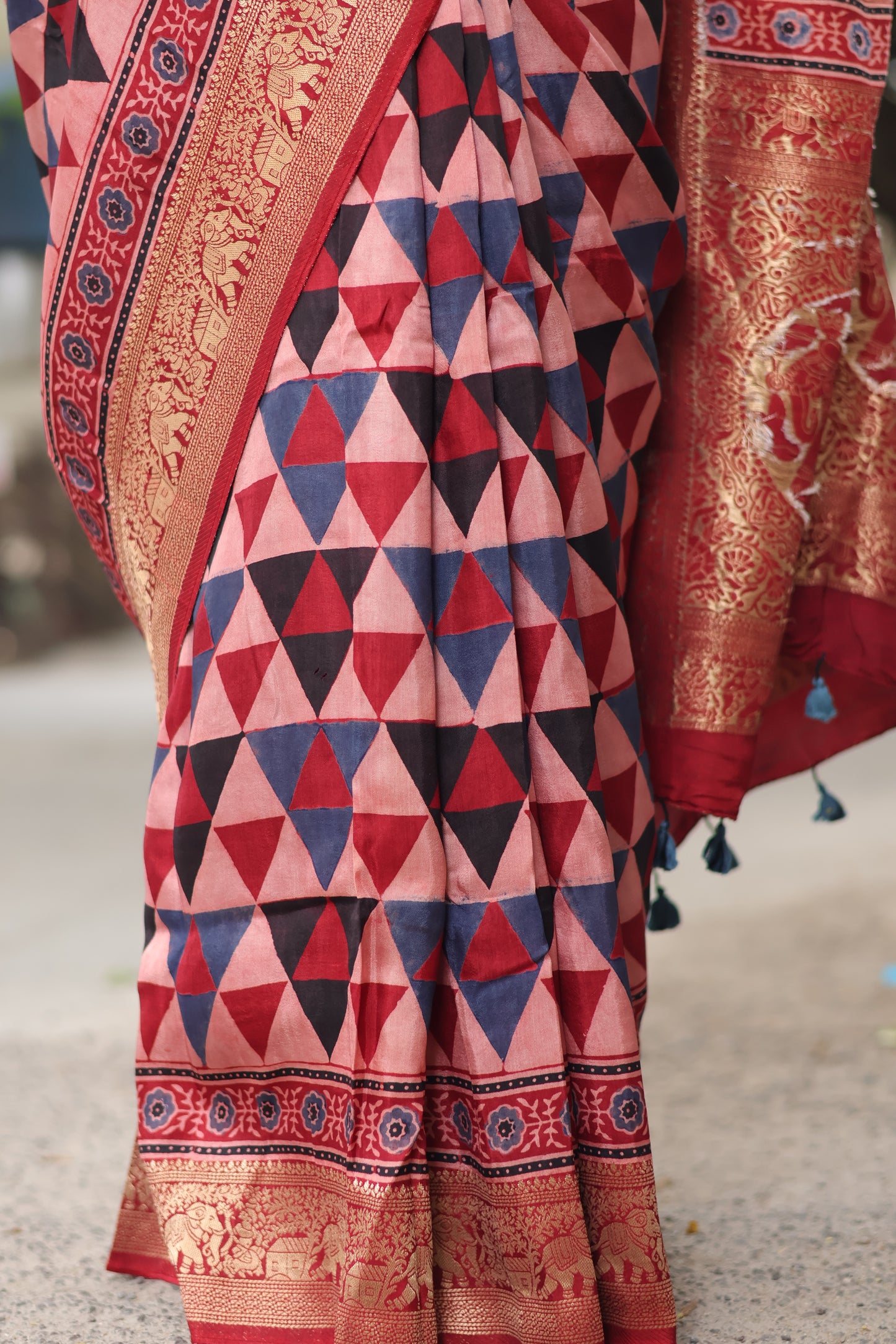 Red Contemporary Ajrakh Dola Silk Saree