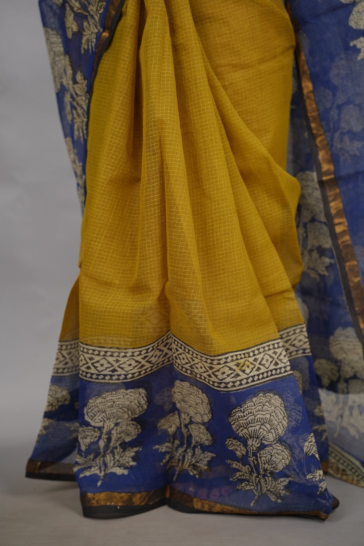 Mustard and Blue Pure Kota Doria Saree with Bagru Handblock Prints