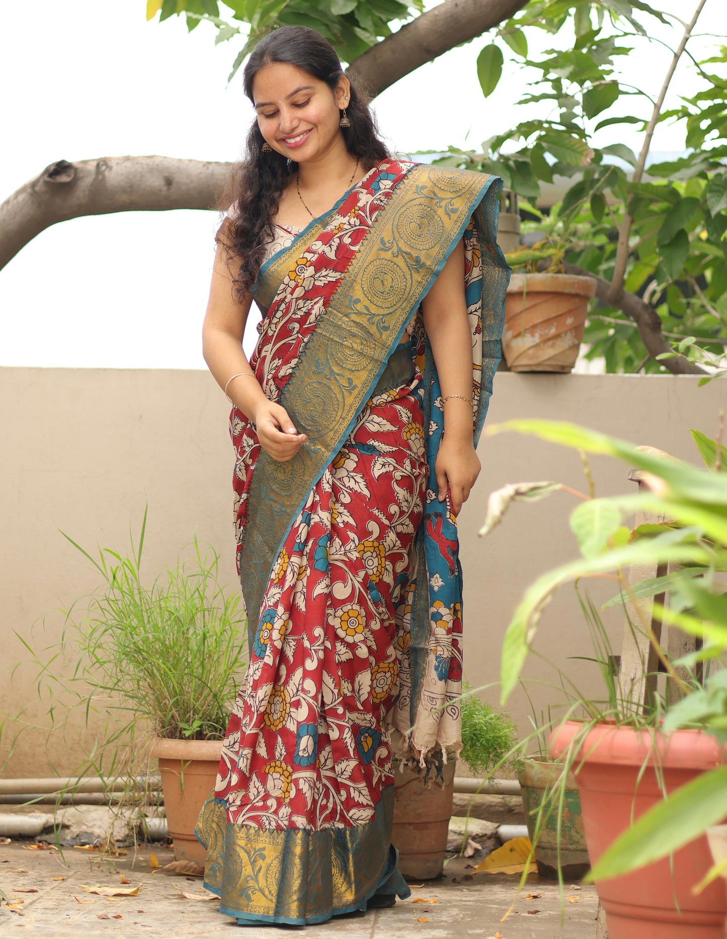 Red Kanchi border Kalamkari chennur silk saree