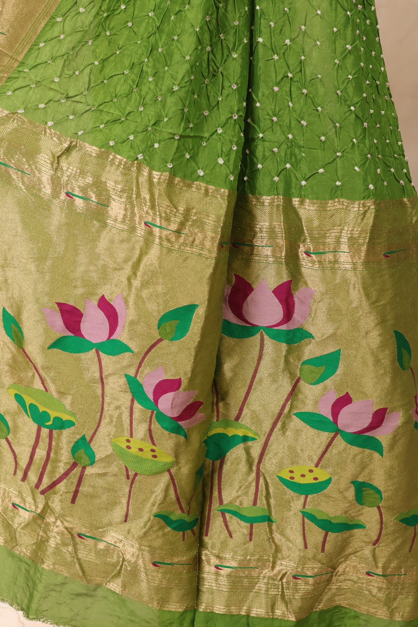 Green Handcrafted Bandhani Paithani Dola Silk Saree | Looms & Tassels