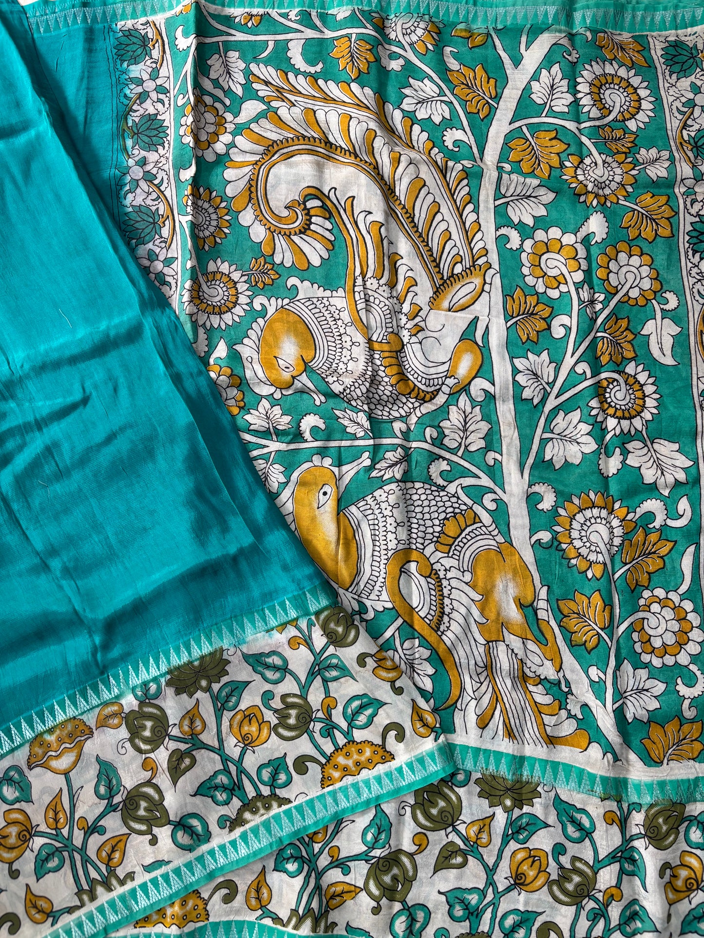 Sea Green Kalamkari dyeing premium chennur silk saree