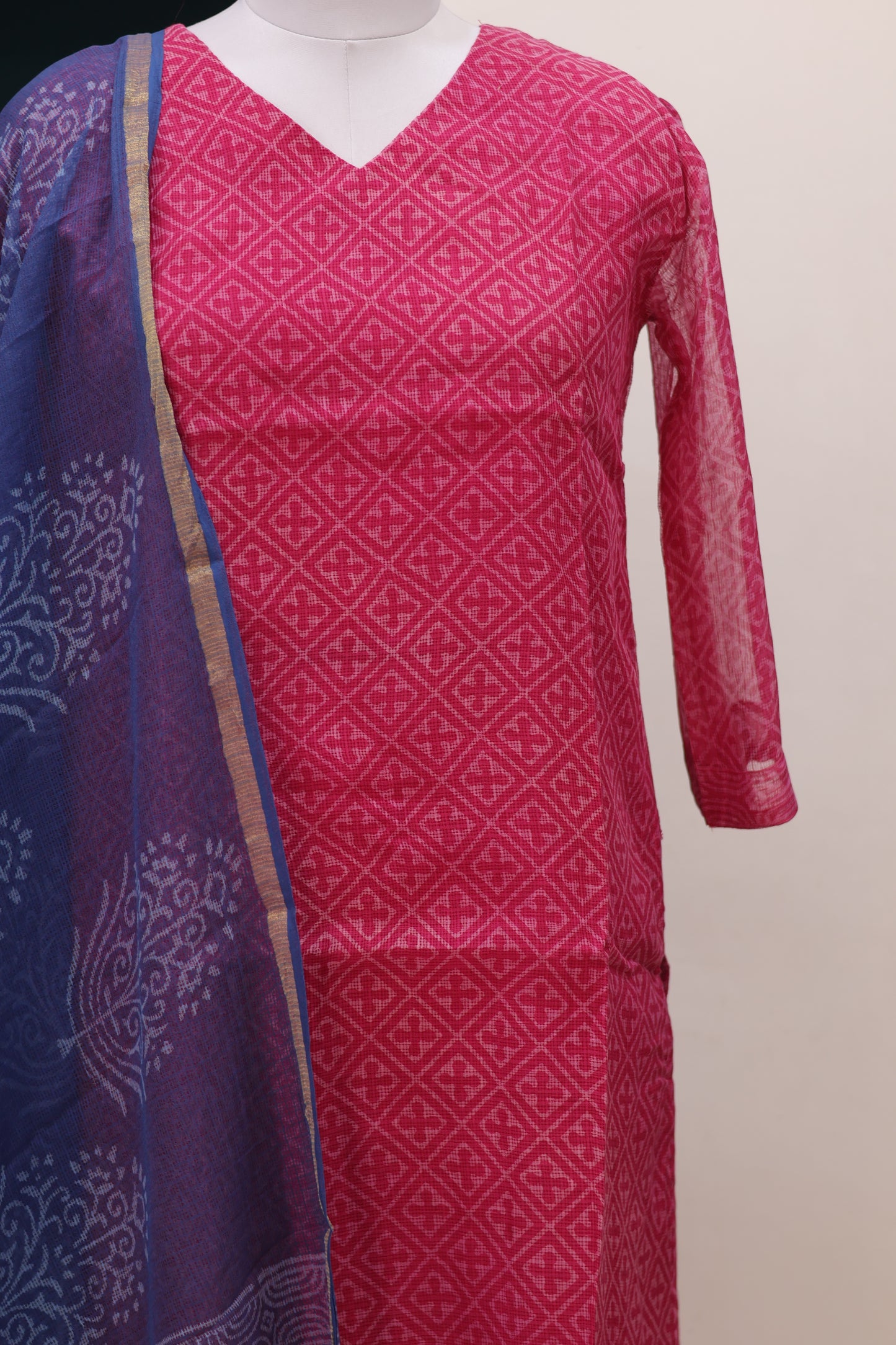 Pink Handblock printed kota 3 piece suit (stitched)