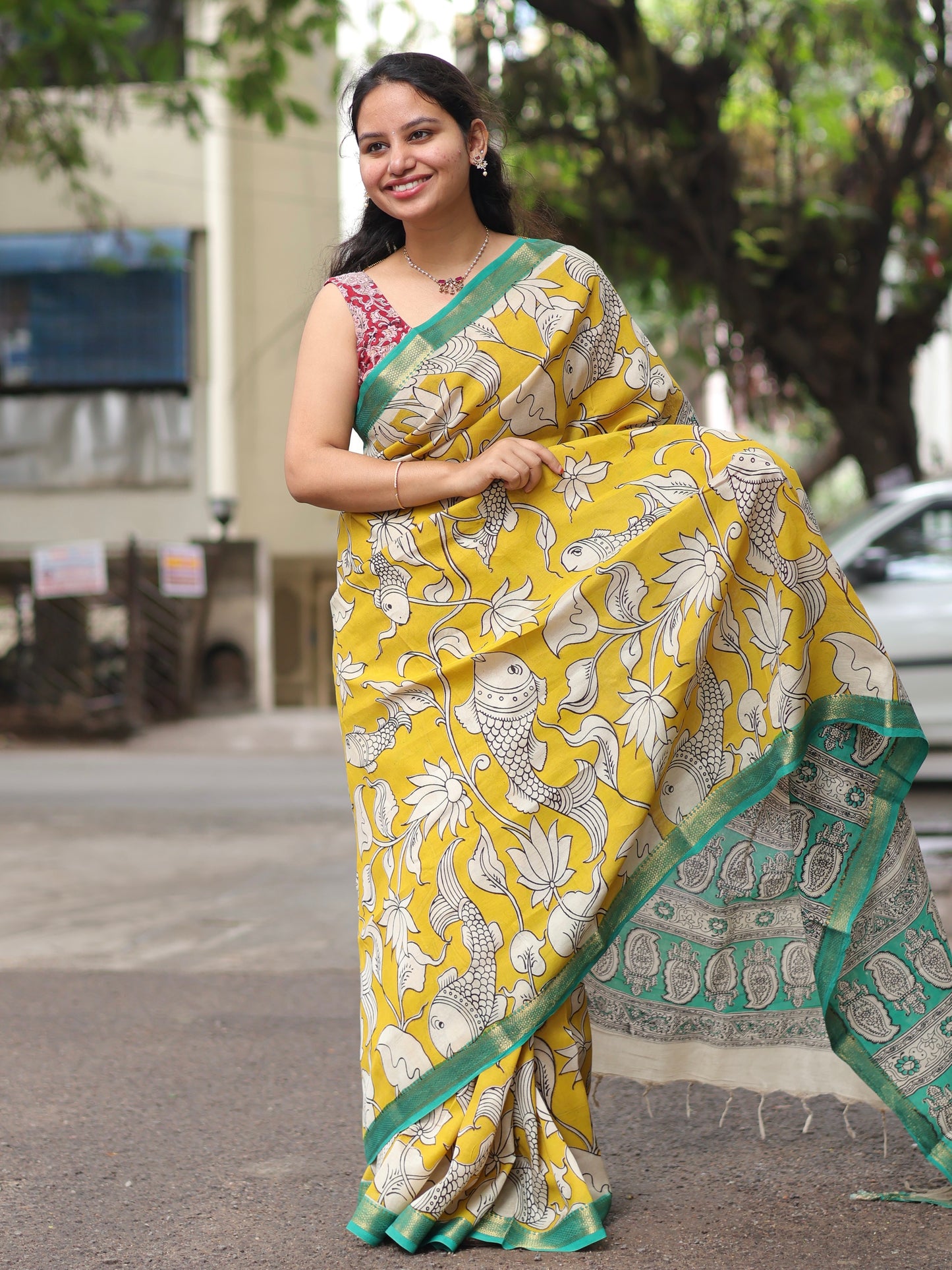 Yellow Nizam Border Kalamkari Silk Saree