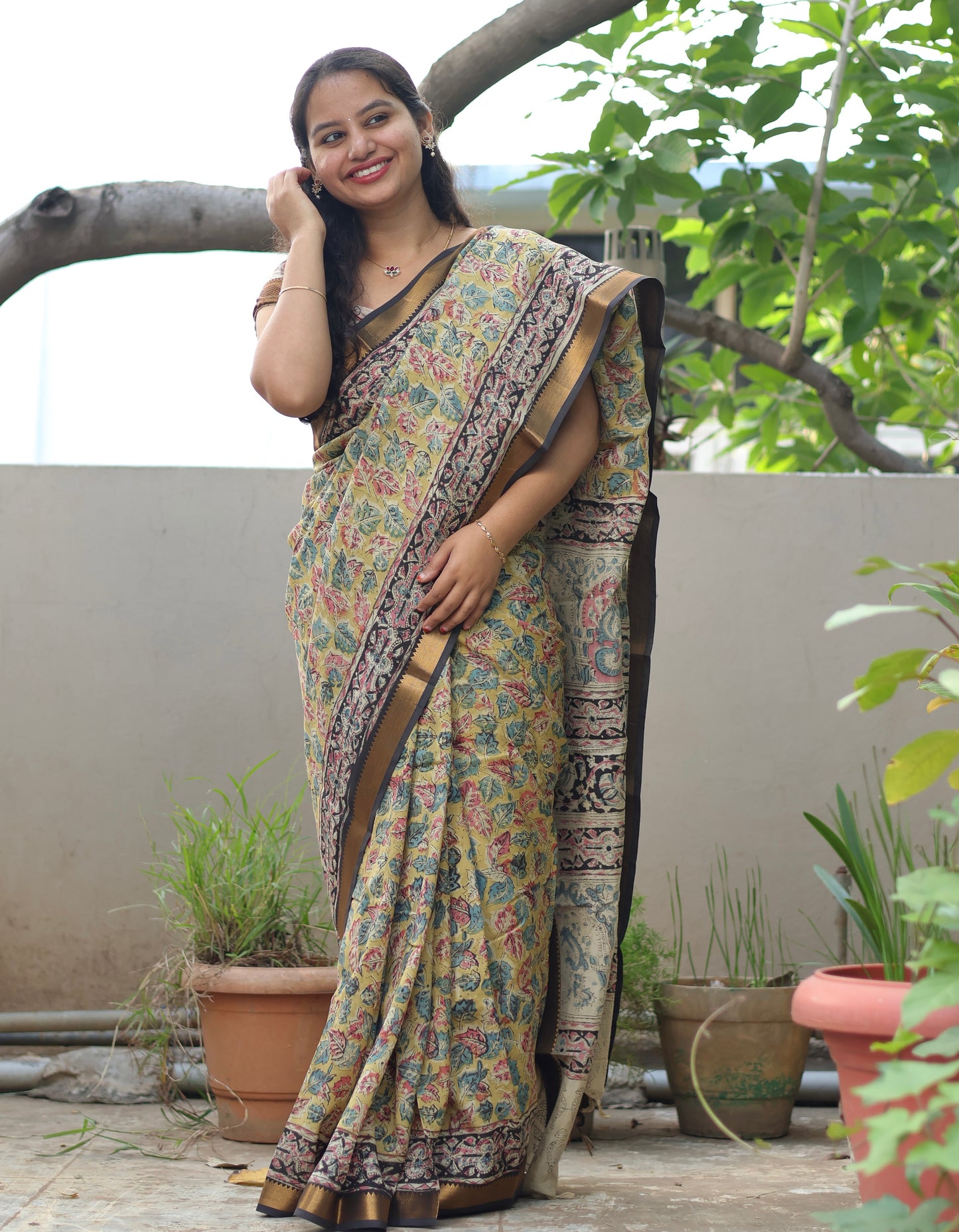 Mustard Hand Block Printed Kalamkari Nizam Border Silk Sare