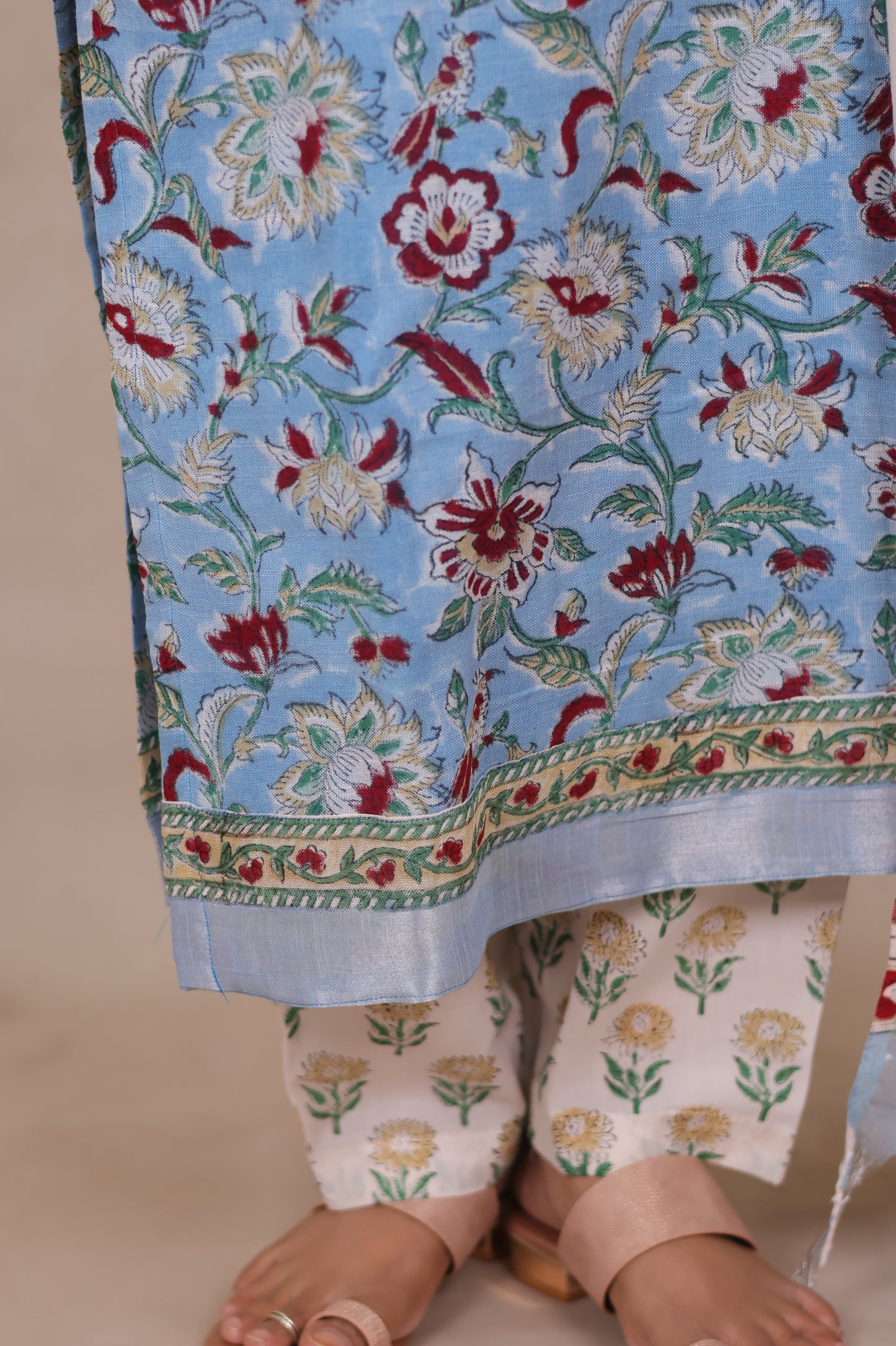 Sky Blue Linen Cotton Handblock printed 3 piece suit (stitched)