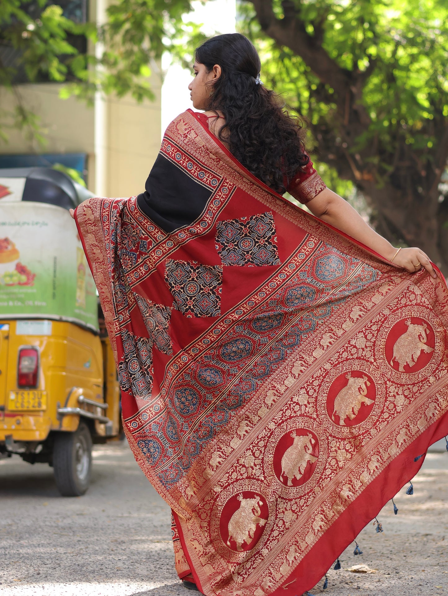 Black & Red Ajrakh Dola Silk Saree