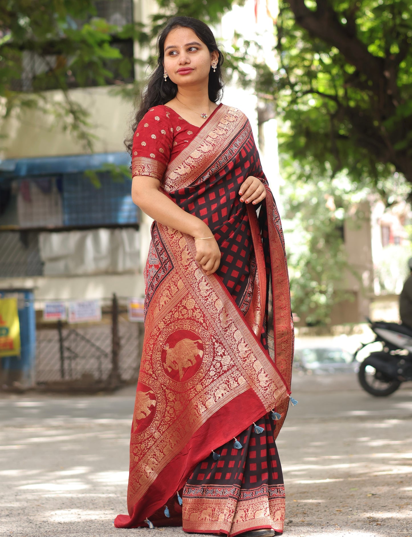 Checks Contemporary Ajrakh Dola Silk Saree