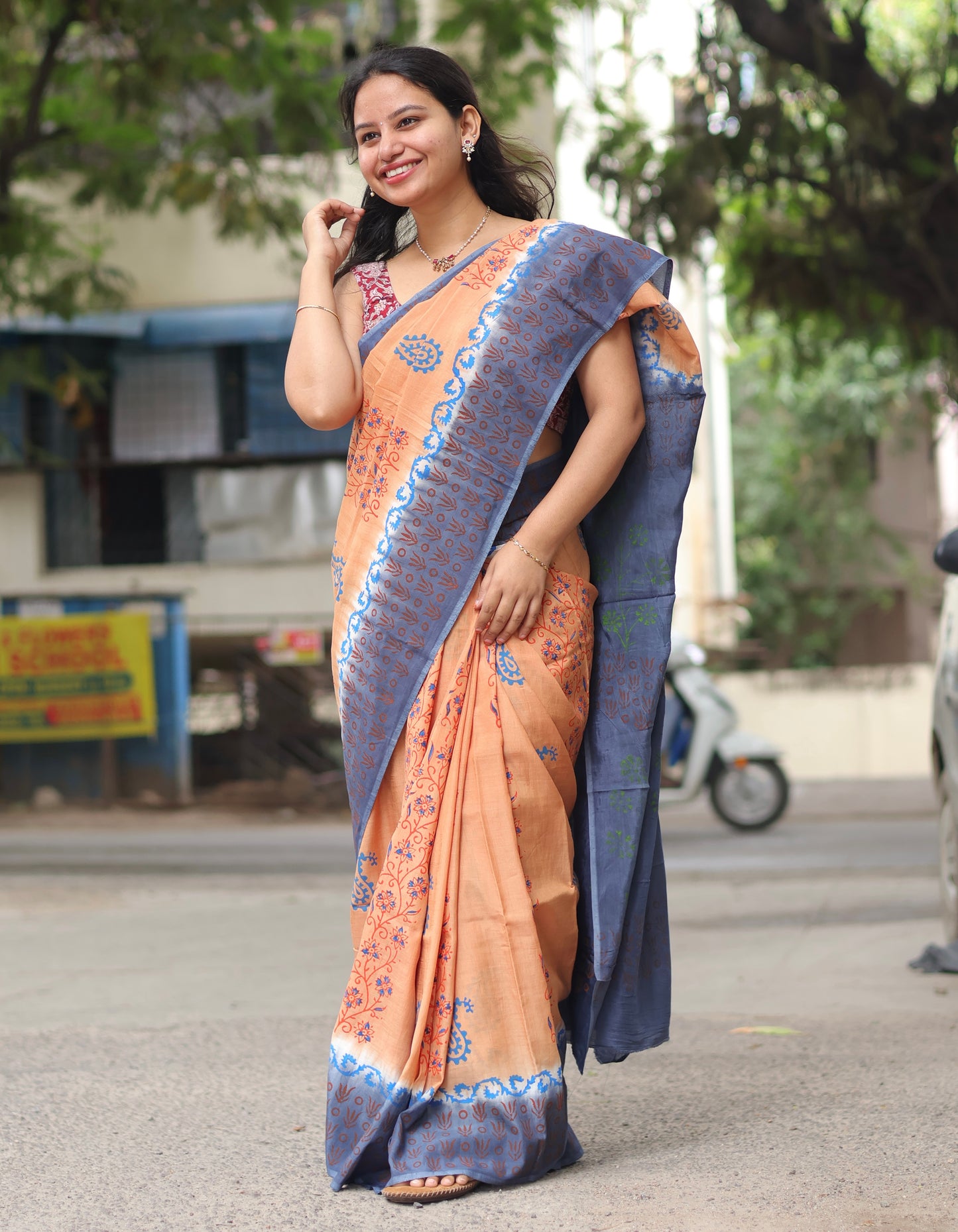 Hand dyeing premium chennur silk with block prints saree