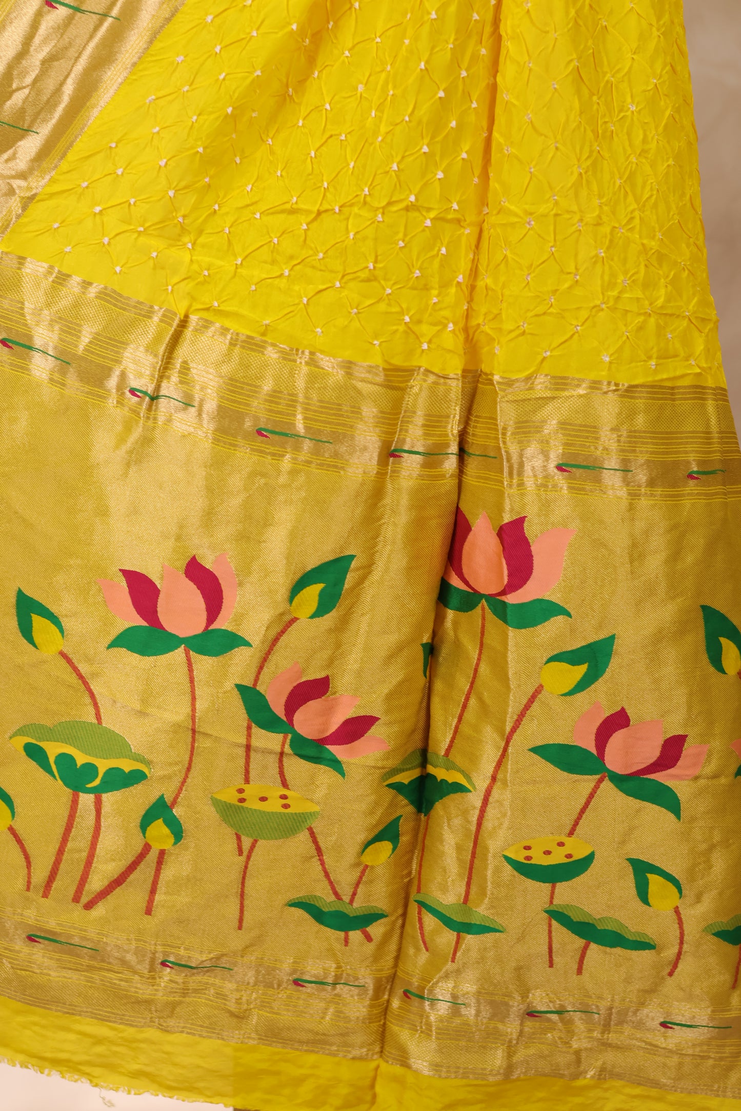 Yellow Handcrafted Bandhani Paithani Dola Silk Saree | Looms & Tassels