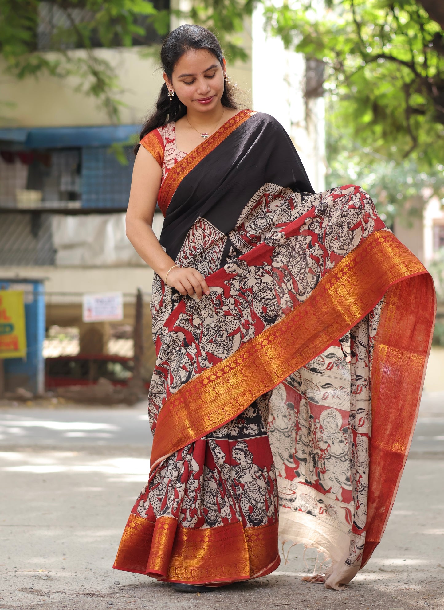 Black Kanchi Border Kalamkari Chennur Silk Saree