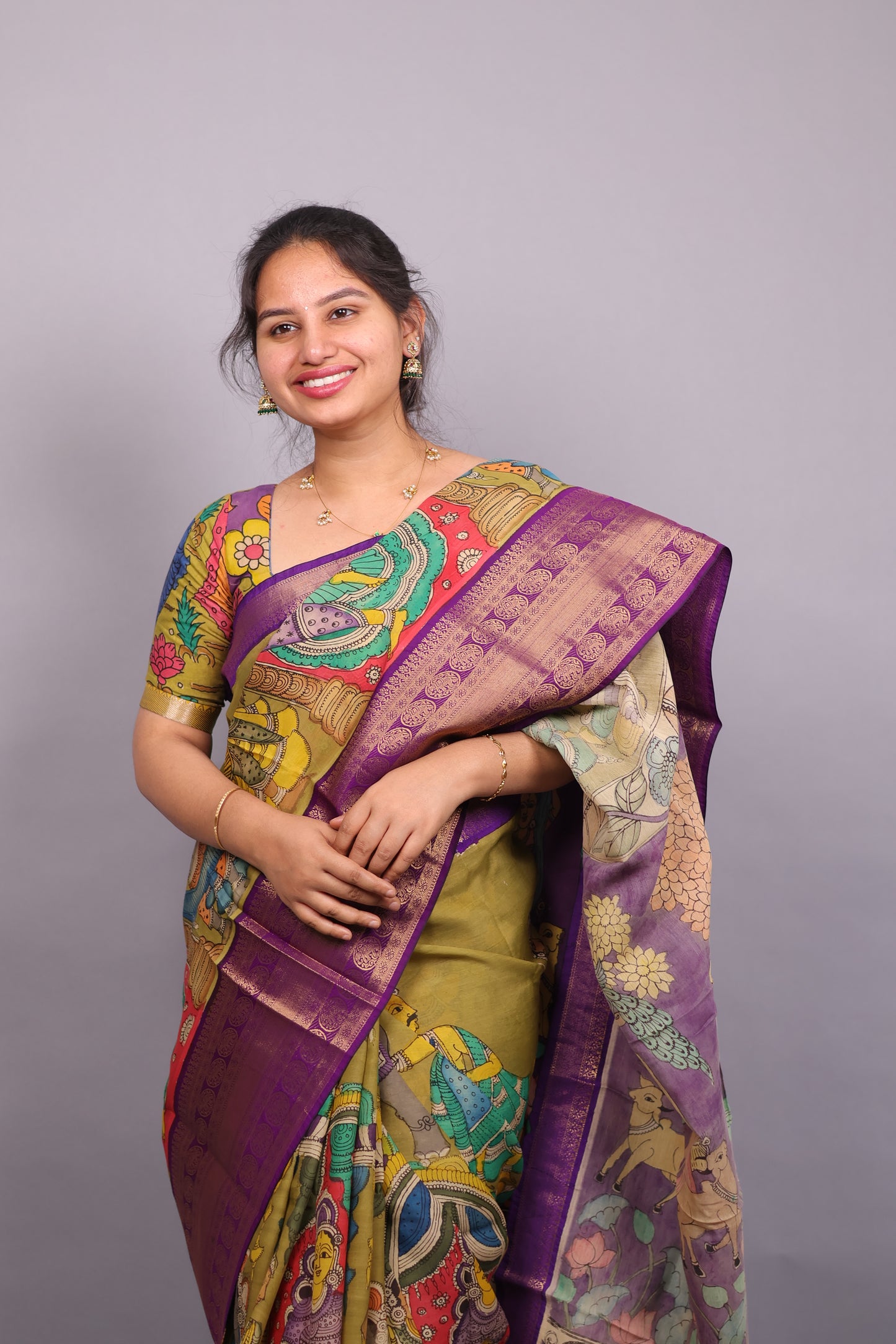 Mehendi Green Hand Painted Pen Kalamkari Silk Saree