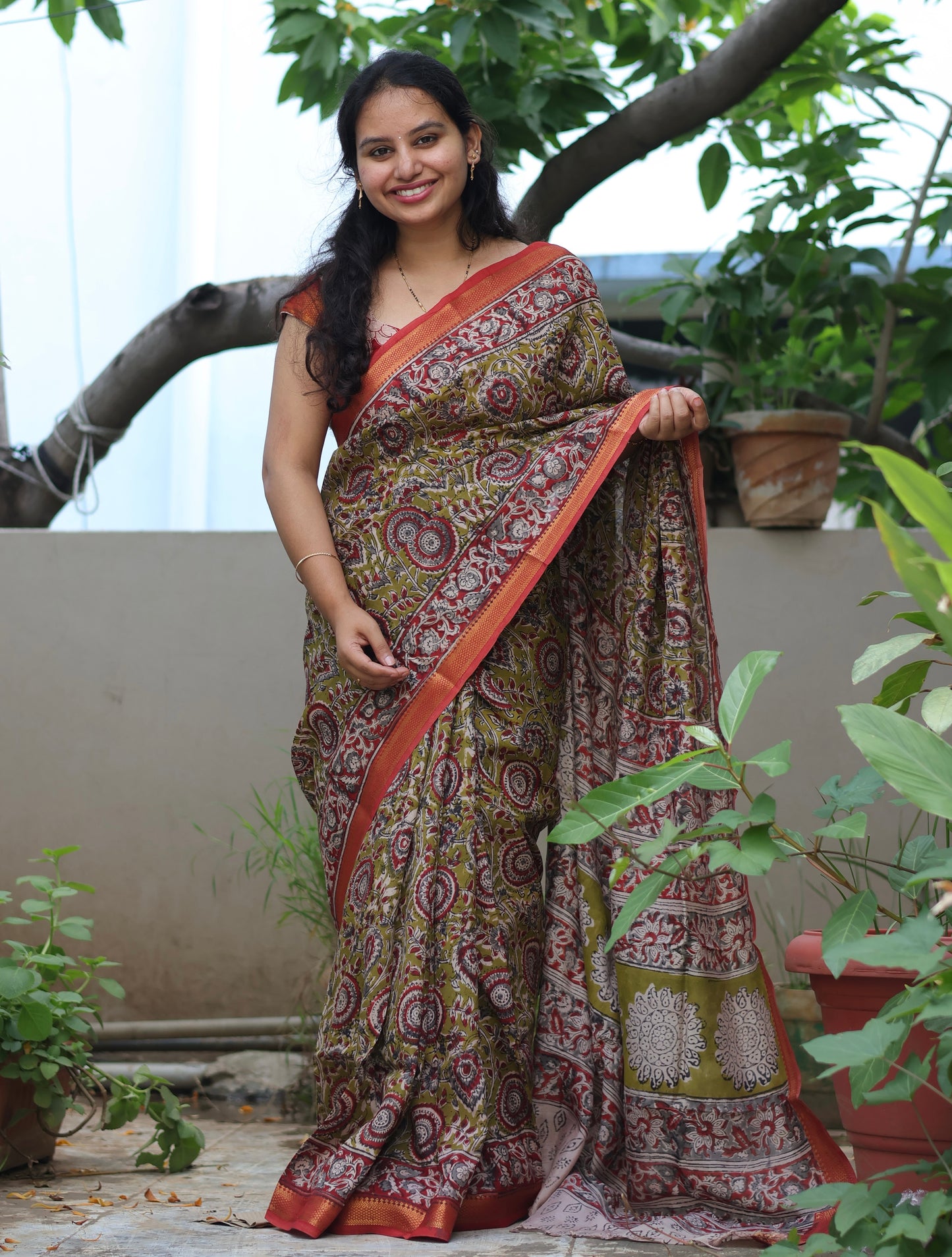 Hand Block Printed Kalamkari Nizam Border Silk Saree